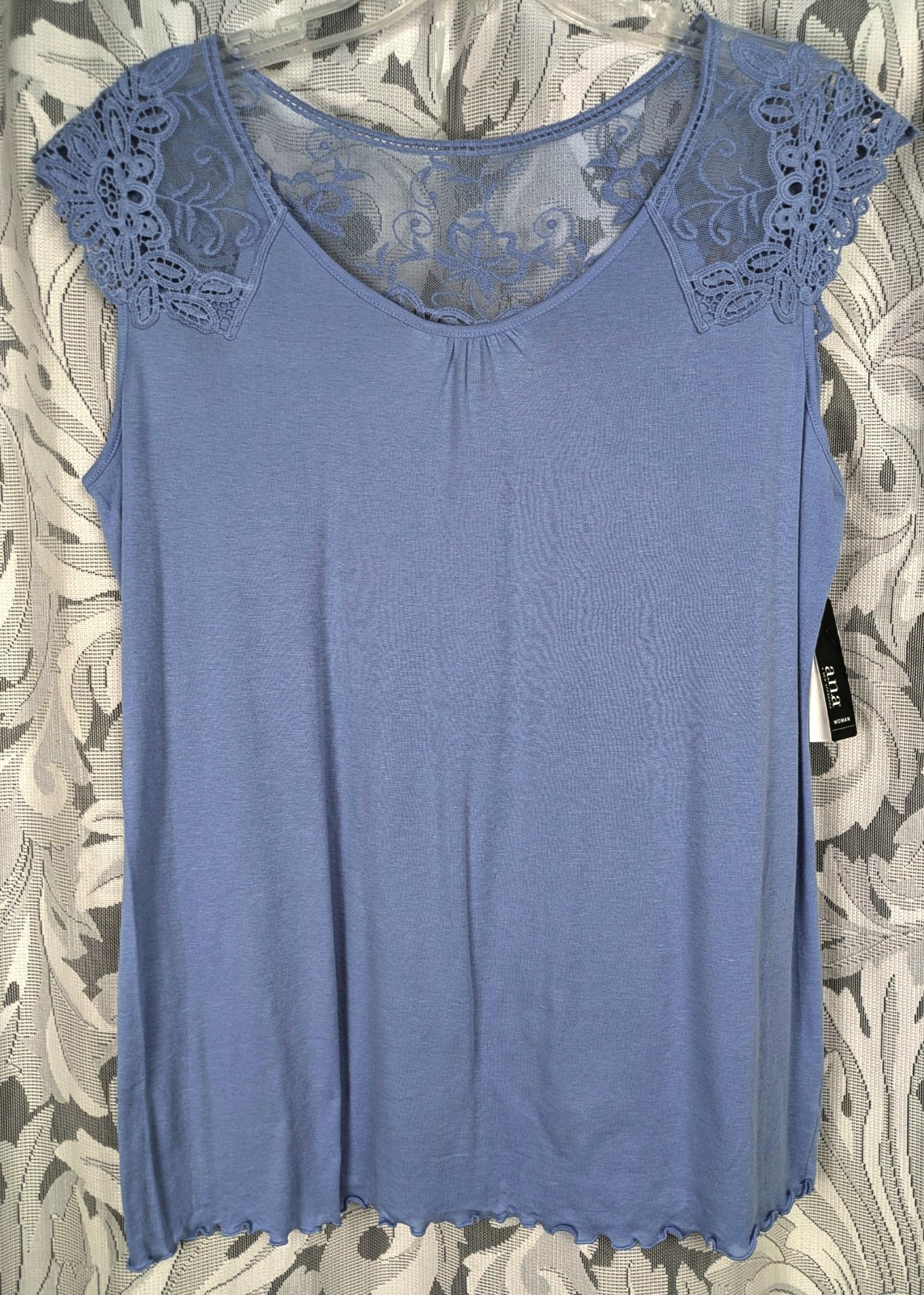 1X 0X XL A.N.A. PERIWINKLE RIB-KNIT LETTUCE HEM LACE CAP SLEEVE SHELL TANK TOP