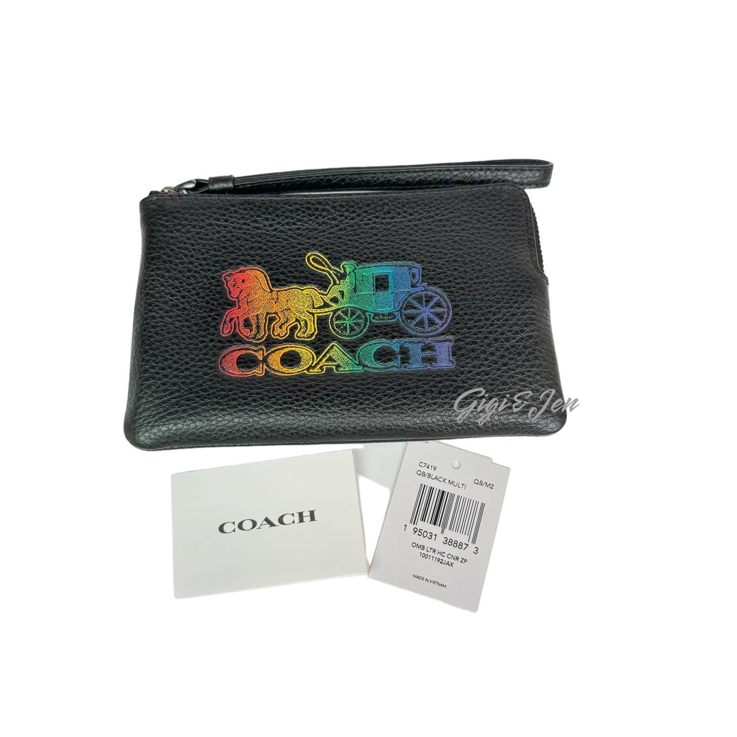 Coach Corner Zip Horse & Carriage Wristlet Black Multi New