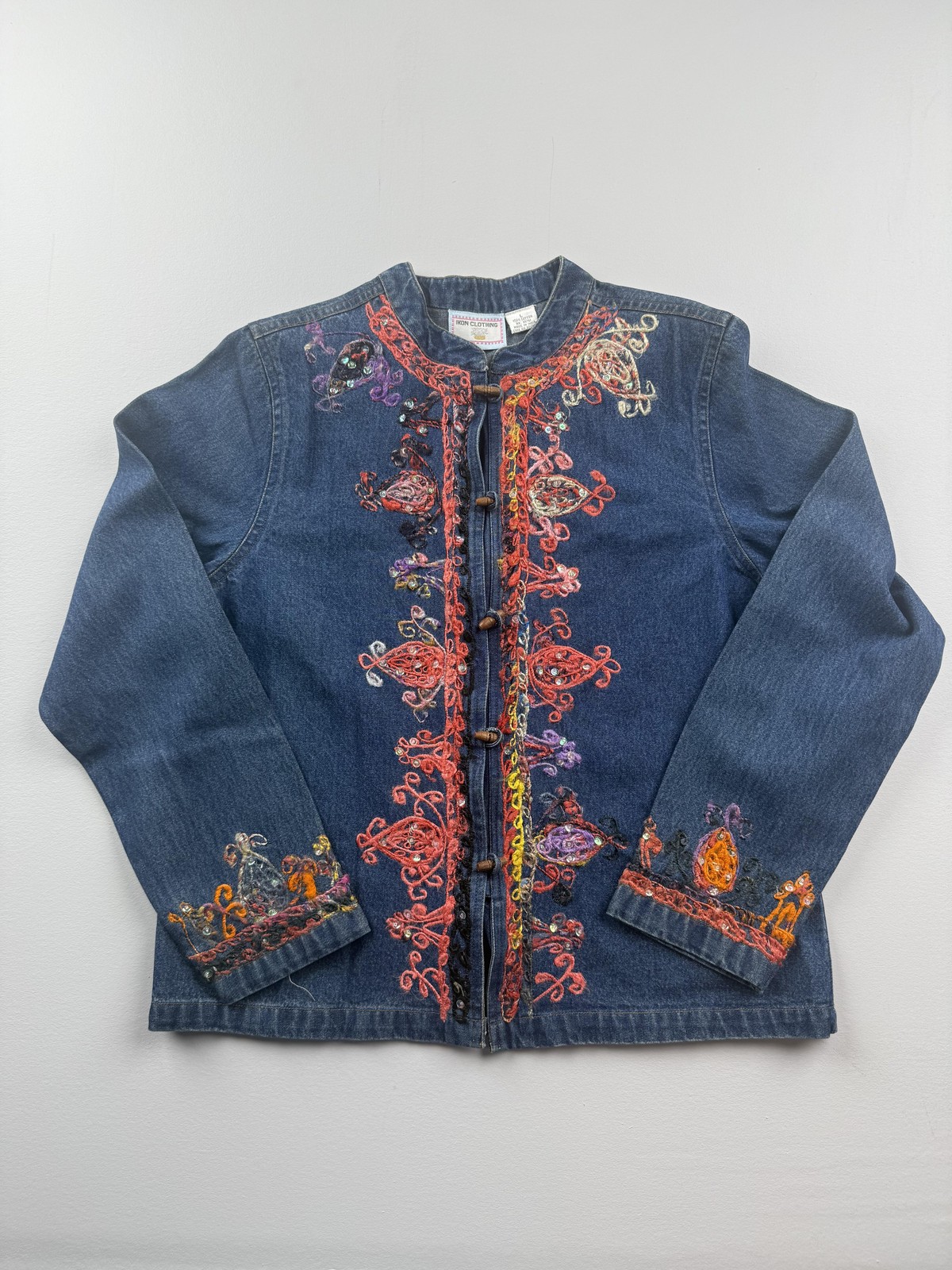 Ikon Clothing Jacket Womens Large Blue Denim Embroidered Sequin Floral Boho