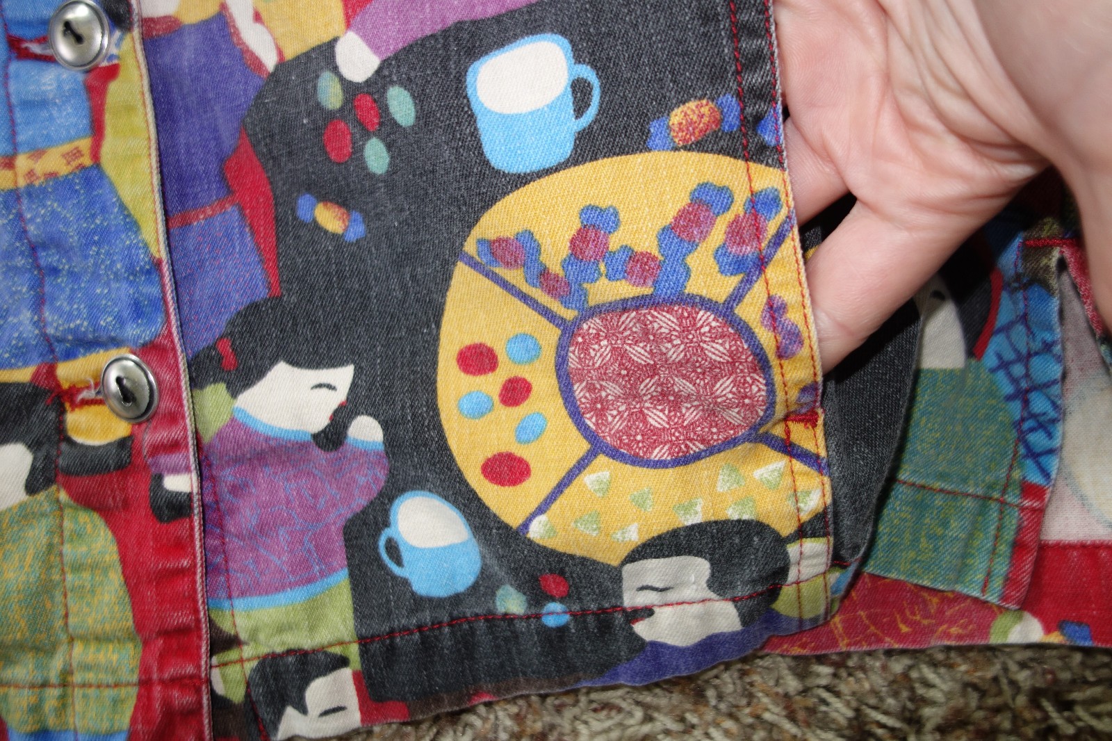 Chicos Design Asian Oriental Kokeshi Doll Art Colorful Cotton Denim Jacket Sz 1