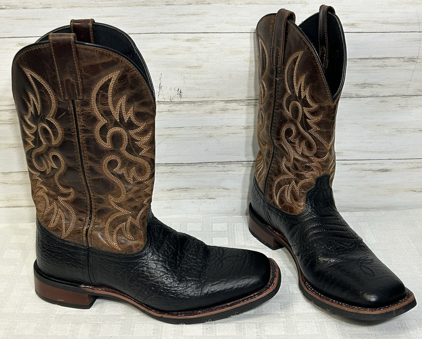 Laredo 7824 Topeka 12″ Square Toe Western Leather Boots Sz 10 D Mens Black Brown