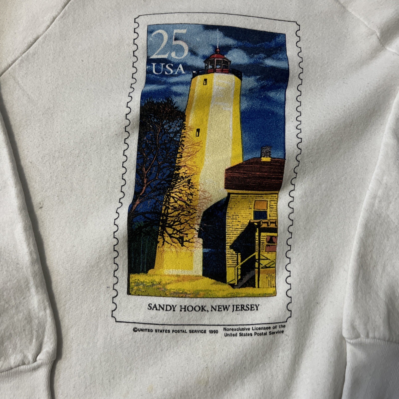 Vintage 1990 USPS Stamp Sweatshirt Sandy Hook Lighthouse New Jersey Medium