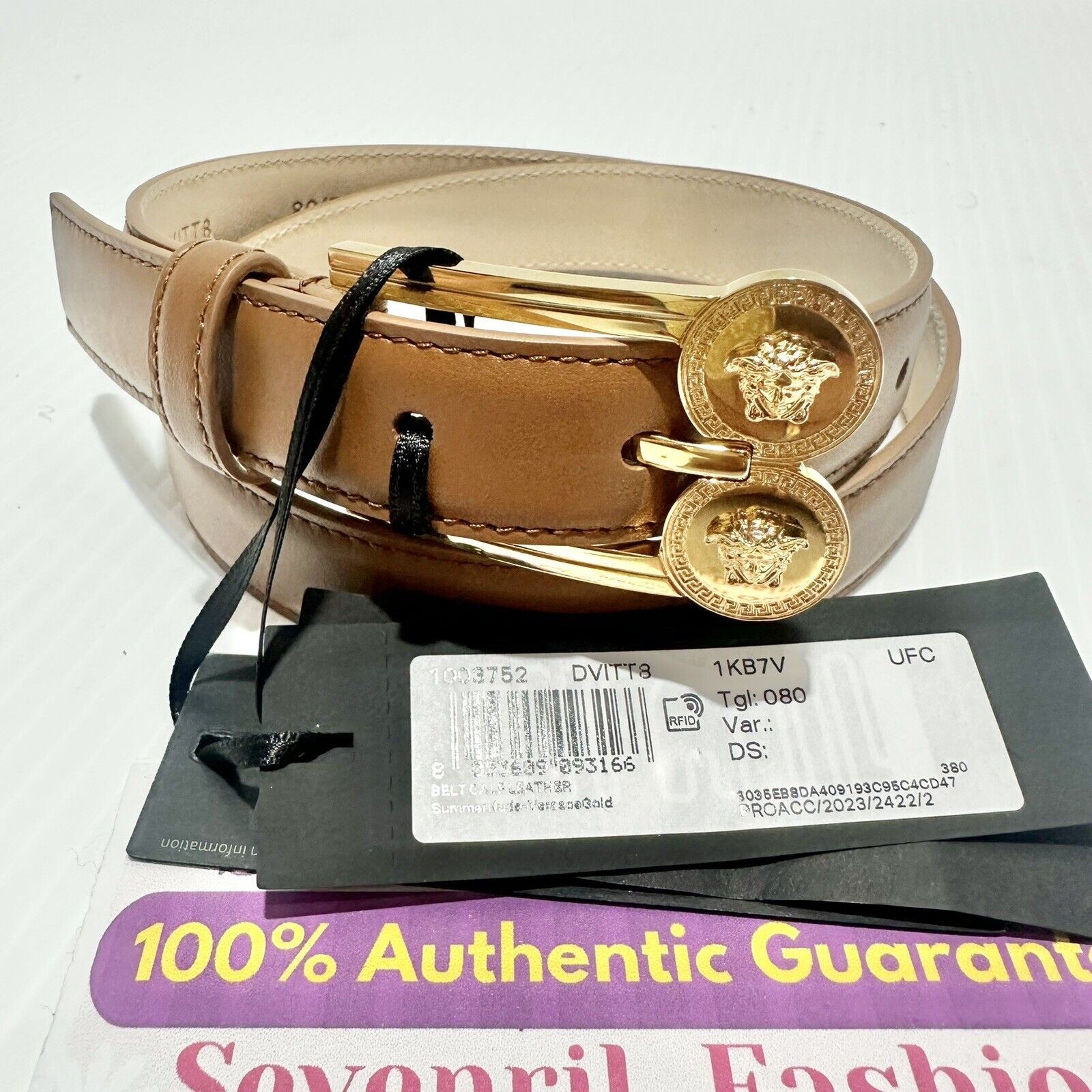 NWT Versace Belt Size Small 80cm 32″ Medusa Camel Brown Leather $500