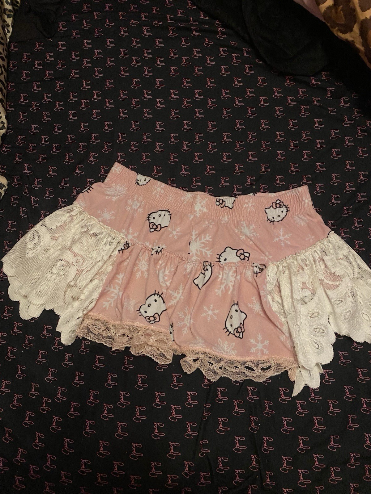 Handmade Warm Hello Kitty Sanrio Coquette White and Pink Lace Skirt With Bow