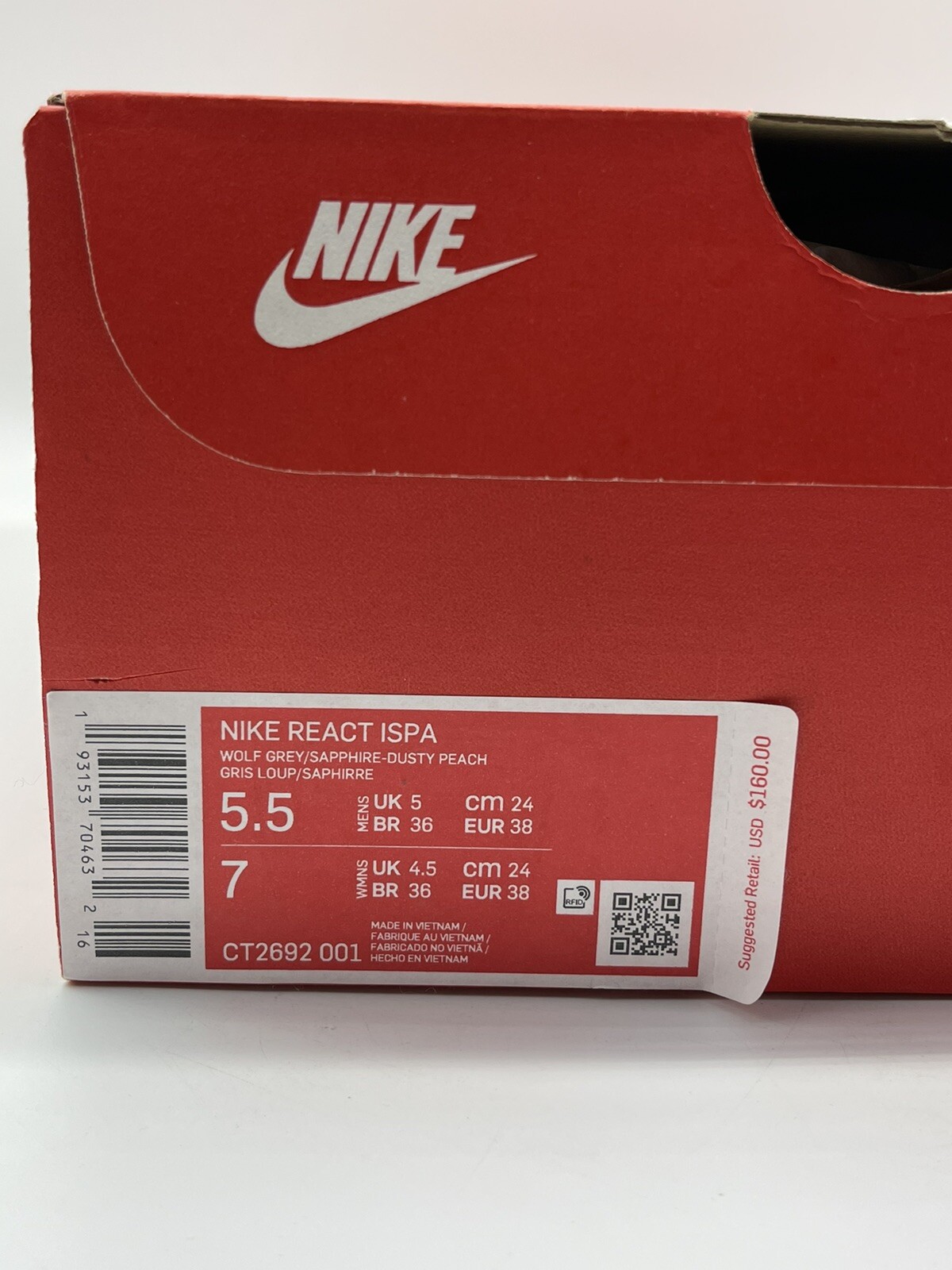 Nike React WR iSPA “Wolf Grey” 2019 US Men Size 5.5 Womens Size 7 Sneakers Shoes