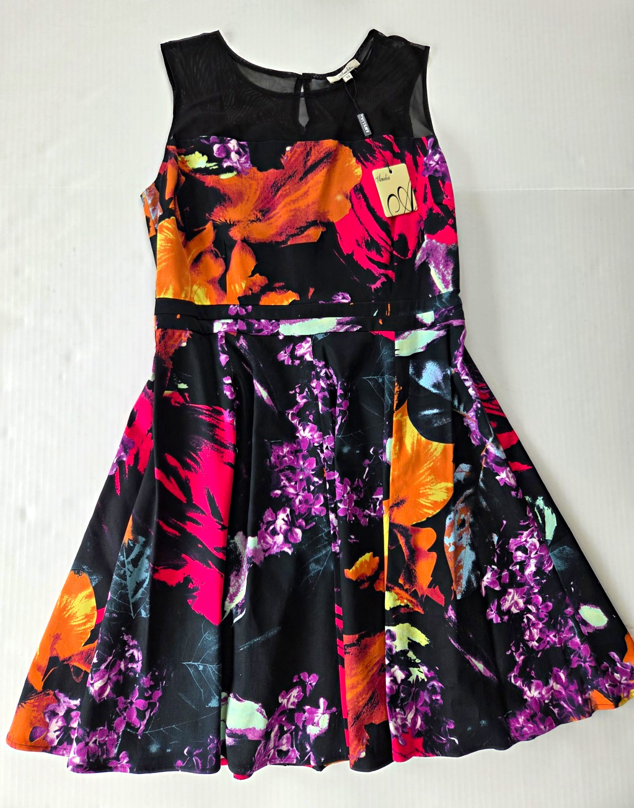 Amelia Women’s Black Floral Fit & Flare Dress 10 Mesh Pleated Sleeveless Zipper