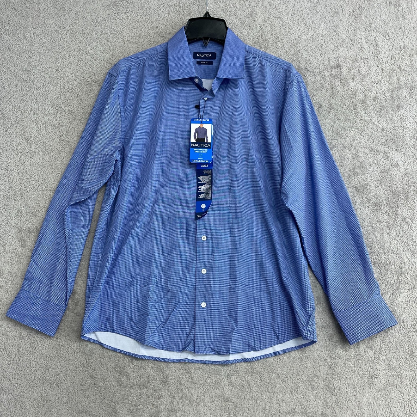 Nautica Men’s L Slim Fit Performance Dress Shirt Blue Stretch N1394