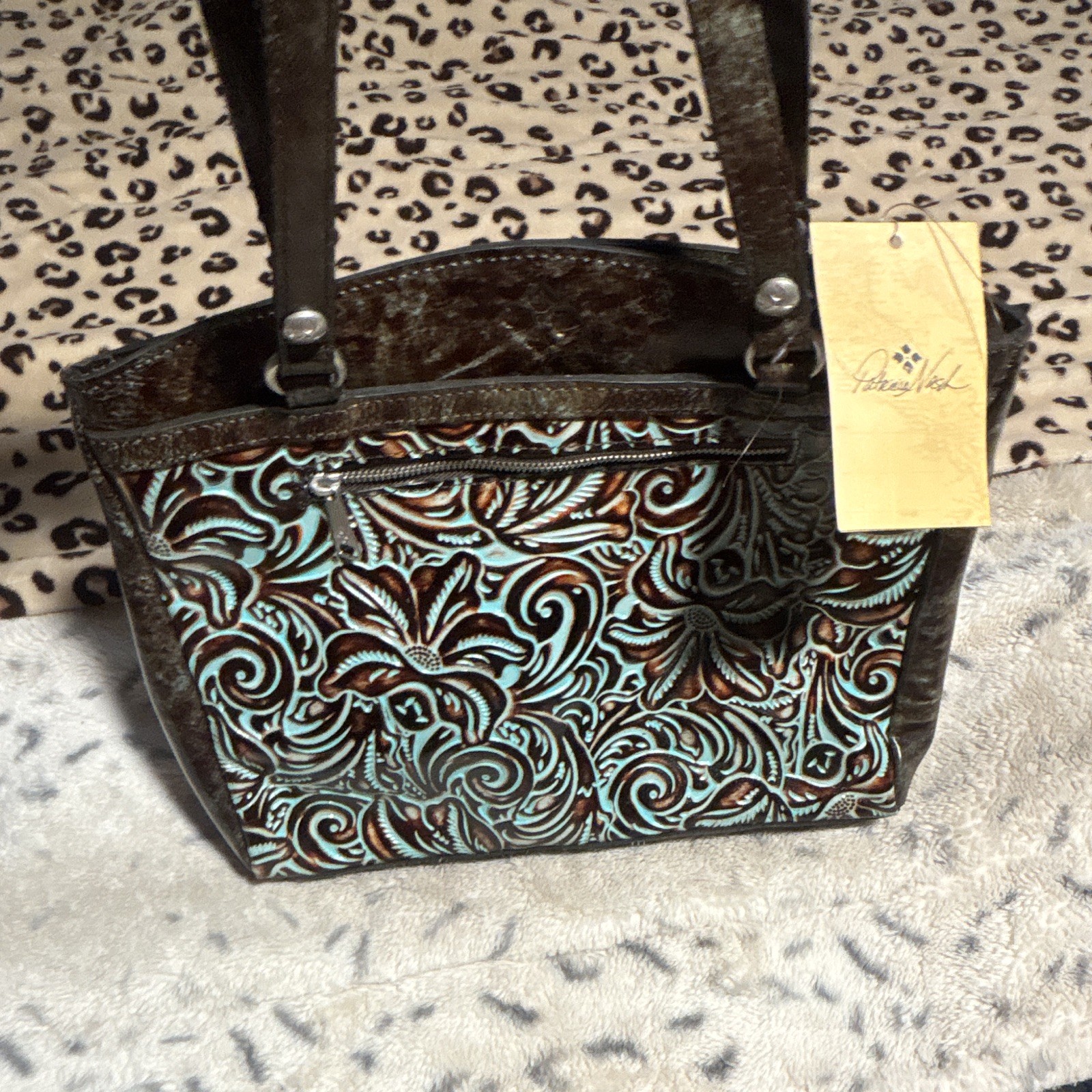 Patricia Nash Poppy Tote Tooled Brown Turquoise Zip Mag Snap Pockets Studs
