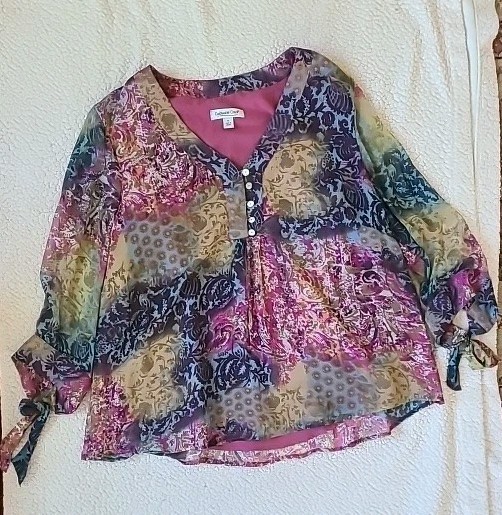 Coldwater Creek 100%silk v-neck pink/blue/green blouse Size 1X long sleeve lined