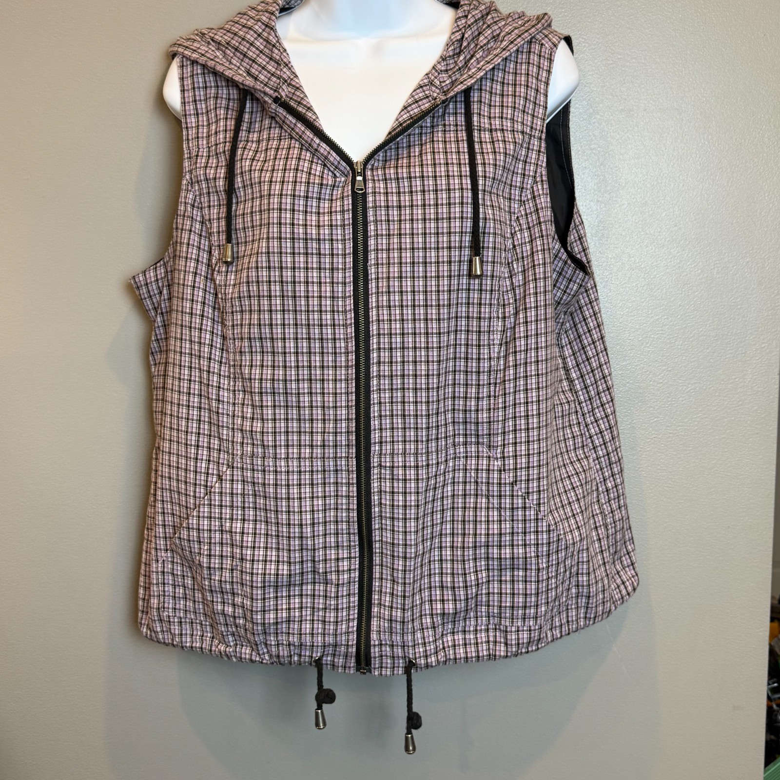 Christopher & Banks Womens Purple Plaid Hooded Zip Up Vest Large L Pocketed