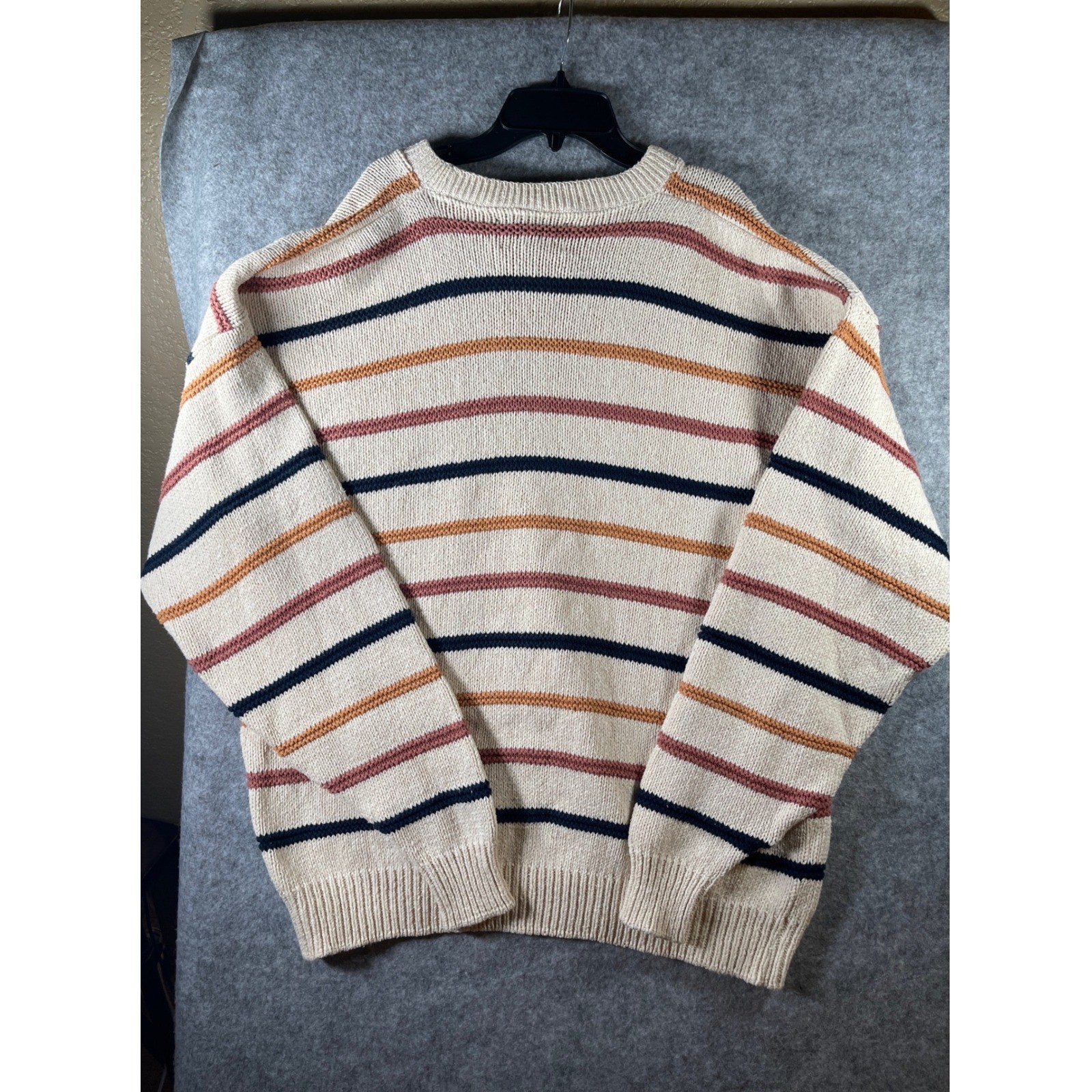 Striped Crewneck Sweater Cream Navy Yellow Rose Chunky Knit Pullover Women Large