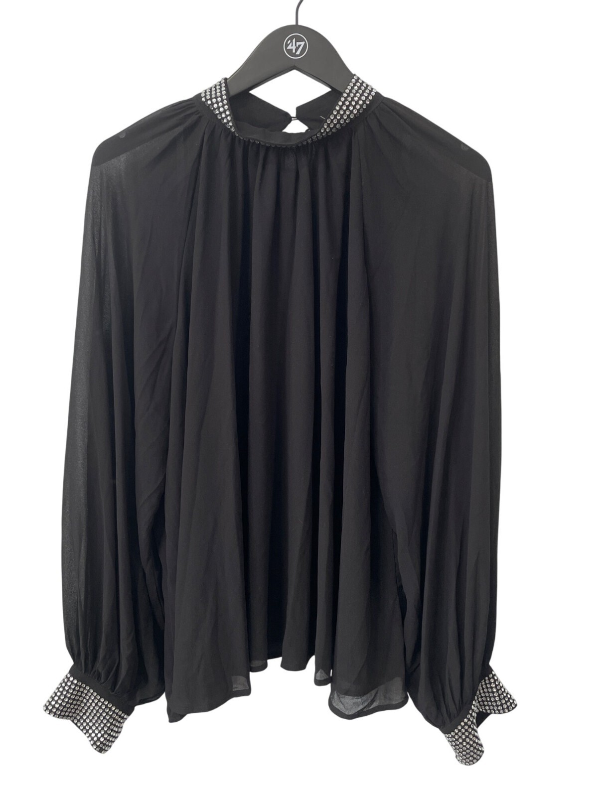 Vine and Love Embellished Chiffon Long Sleeve Blouse Size Large Rhinestone Black