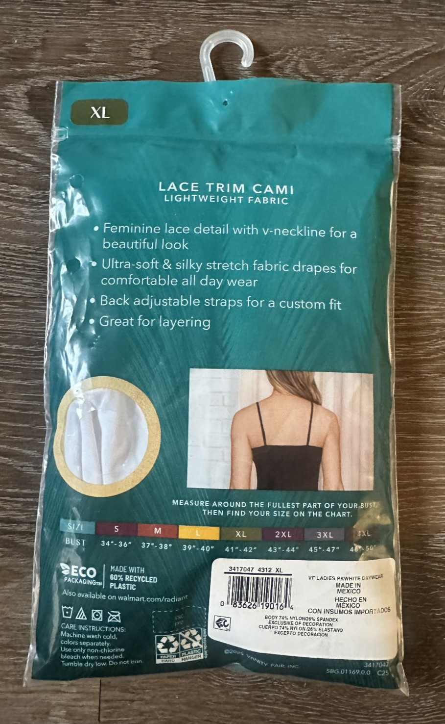 Vanity Fair Radiant Collection Lace Trim Cami for Layering White Silky Women XL
