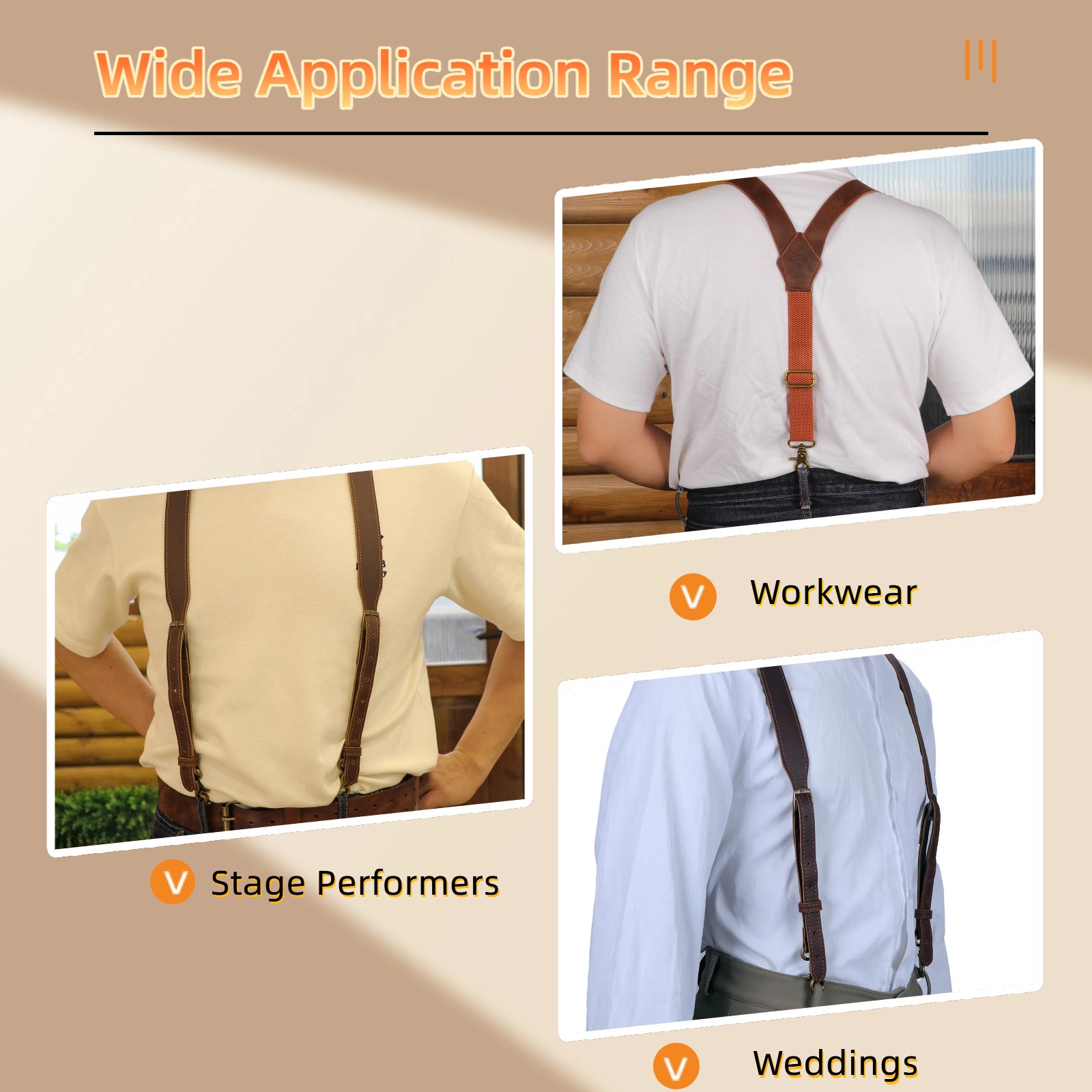 Tourbon Men’s Suspenders Y Back Adjustable Leather Y-Shaped 3 Hooks Pants Braces