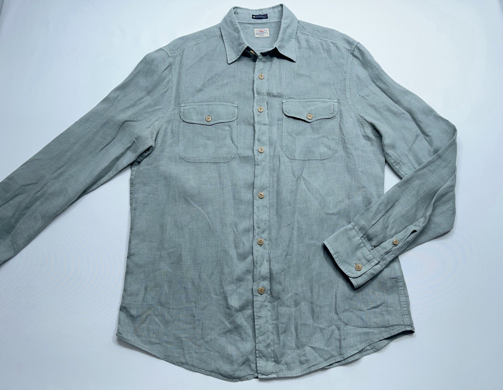 FAHERTY Baird McNutt Shirt Mens Medium Sage Green Linen Long Sleeve Button. READ