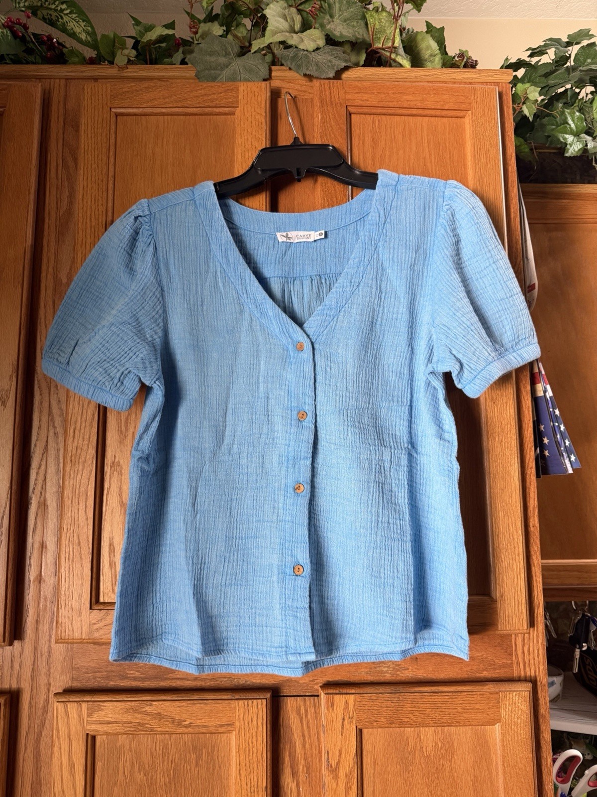 CARVE Designs Womens MILO Gauze Top Classic Puff Sleeve Button Down Lagoon Small