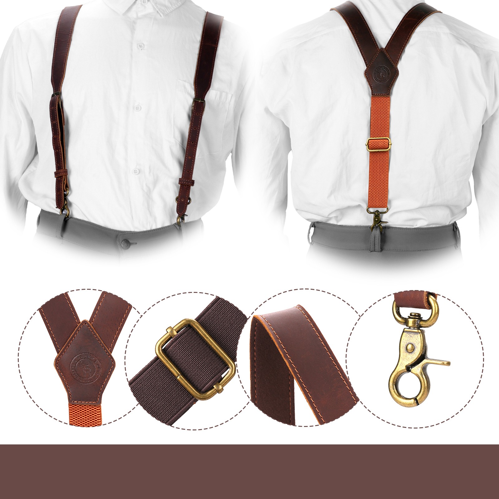 Tourbon Men’s Suspenders Y Back Adjustable Leather Y-Shaped 3 Hooks Pants Braces