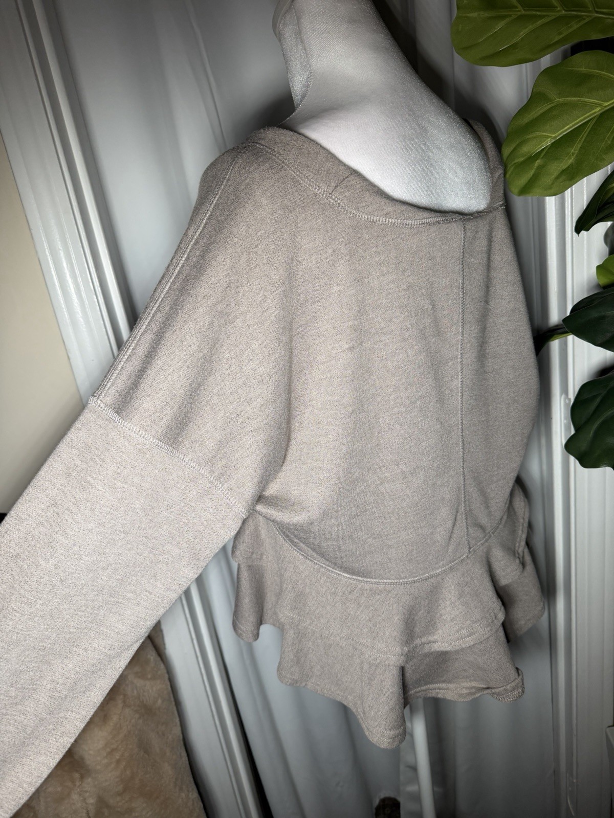 Taupe V Neckline Ruffle Blouse- Oversized Women’s Size: S