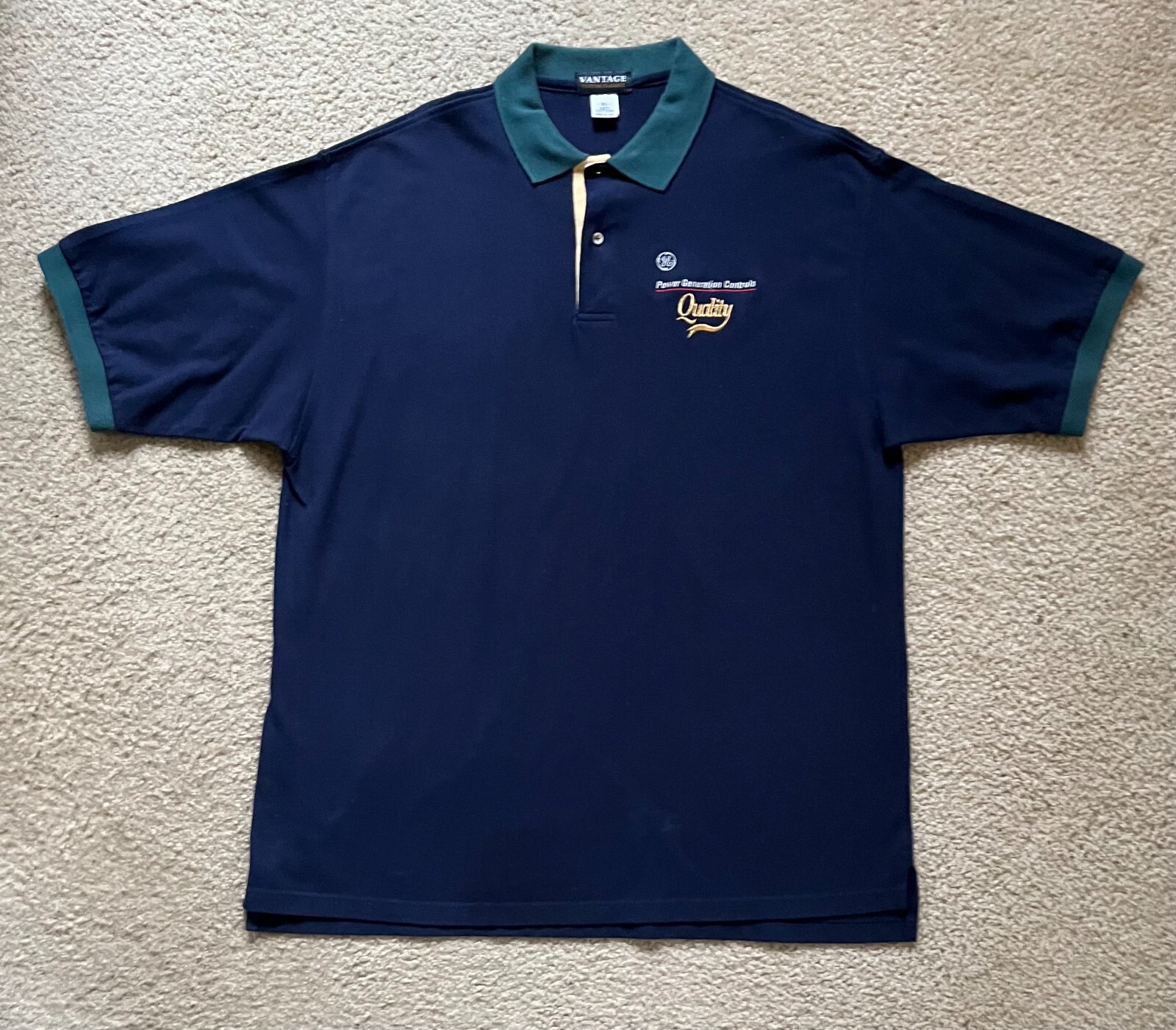 Vantage GE General Electric Logo Navy Blue Color Block Golf Polo Shirt Mens XL