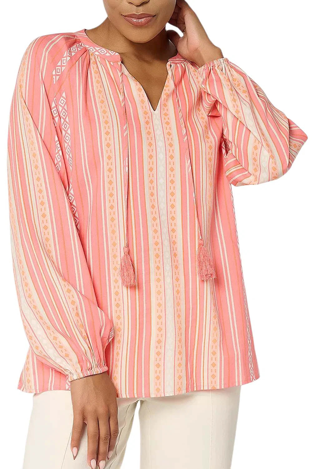 Belle by Kim Gravel Women’s Sunkissed Stripe Tassel Blouse Paradise
