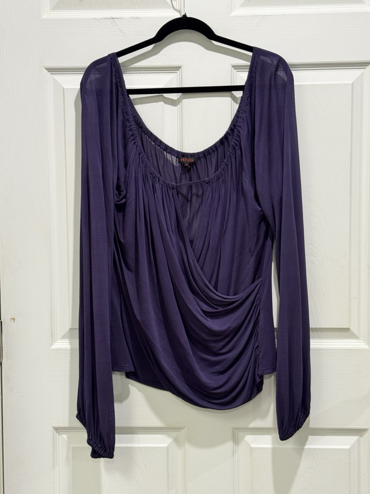 Escada Silk Long Sleeve Wrap Blouse Blue Purple Size 36 Blouson Sleeve FLAW