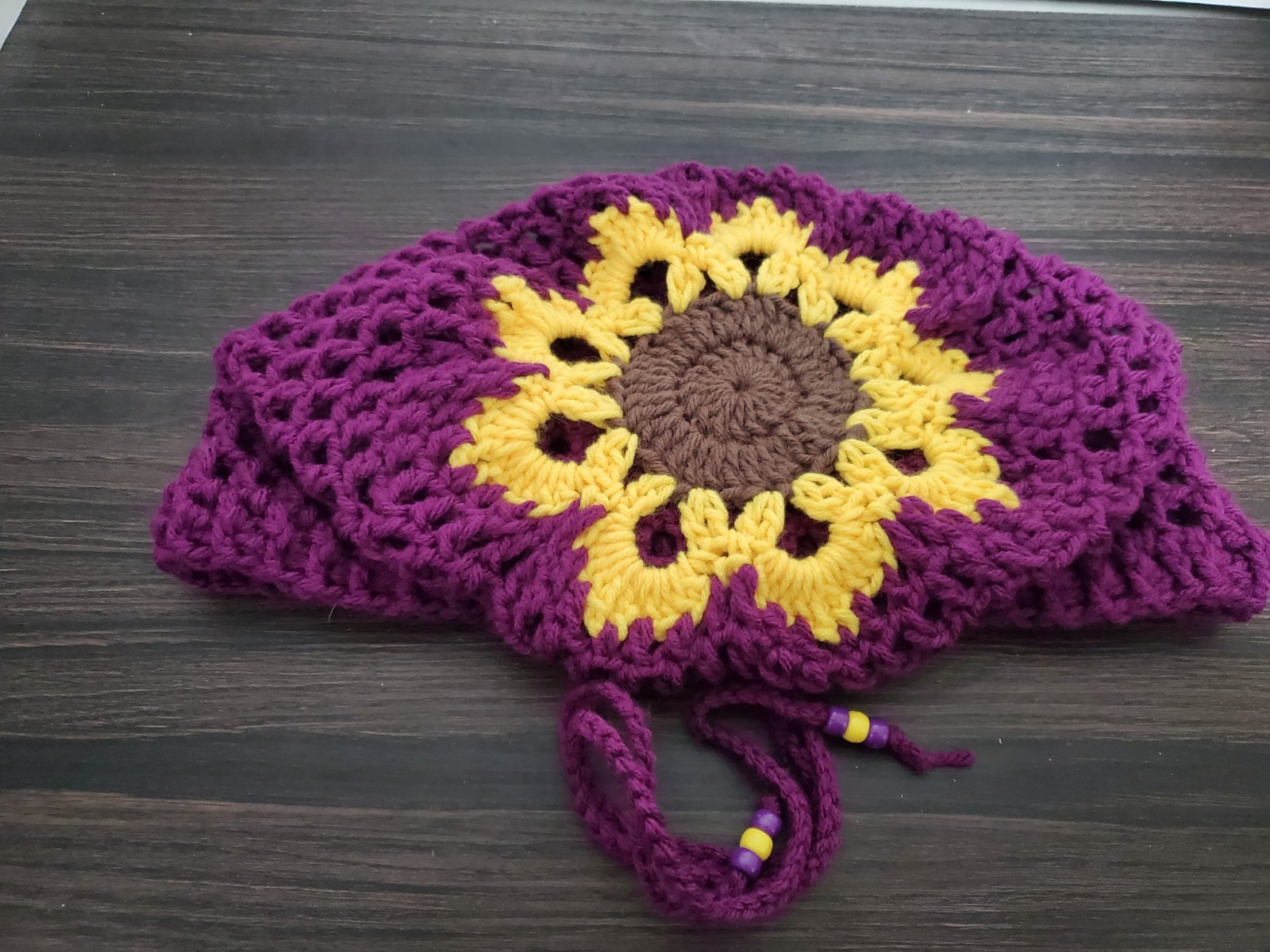 Crochet Flower Tam Slouch Hat With Drawstring Handmade One Size Dreadlock Beanie