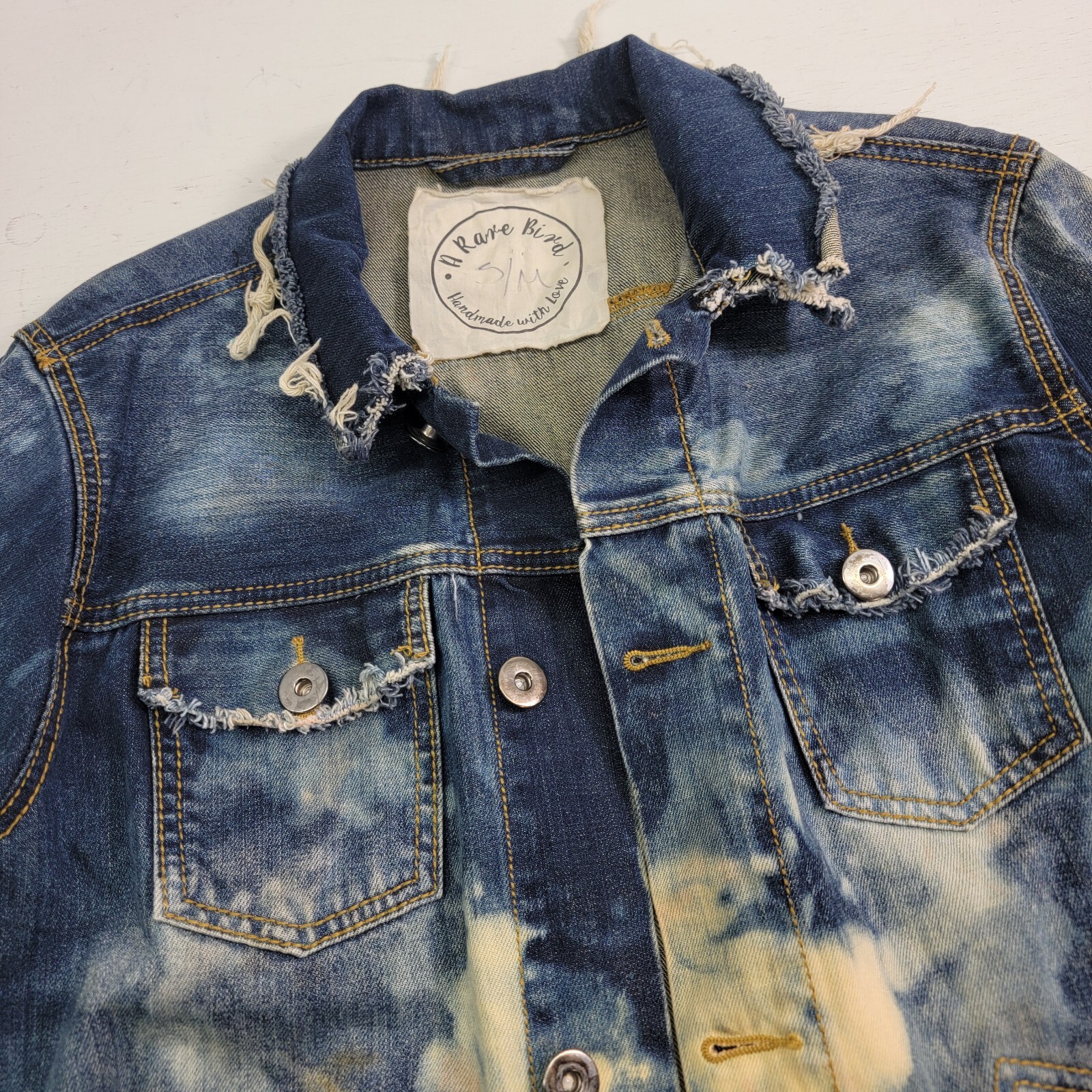 A Rare Bird Handmade Original Distressed Acid Wash Denim Jacket Adult Sz S/M EUC