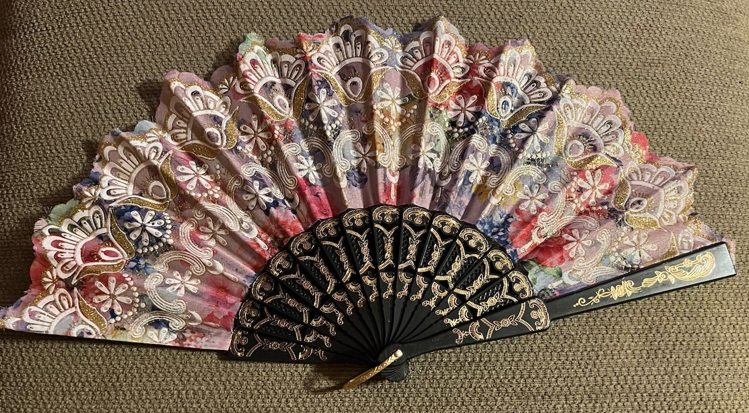 Lovely Spanish Style Hand Fan 9.5” X 16” Fabric & Plastic