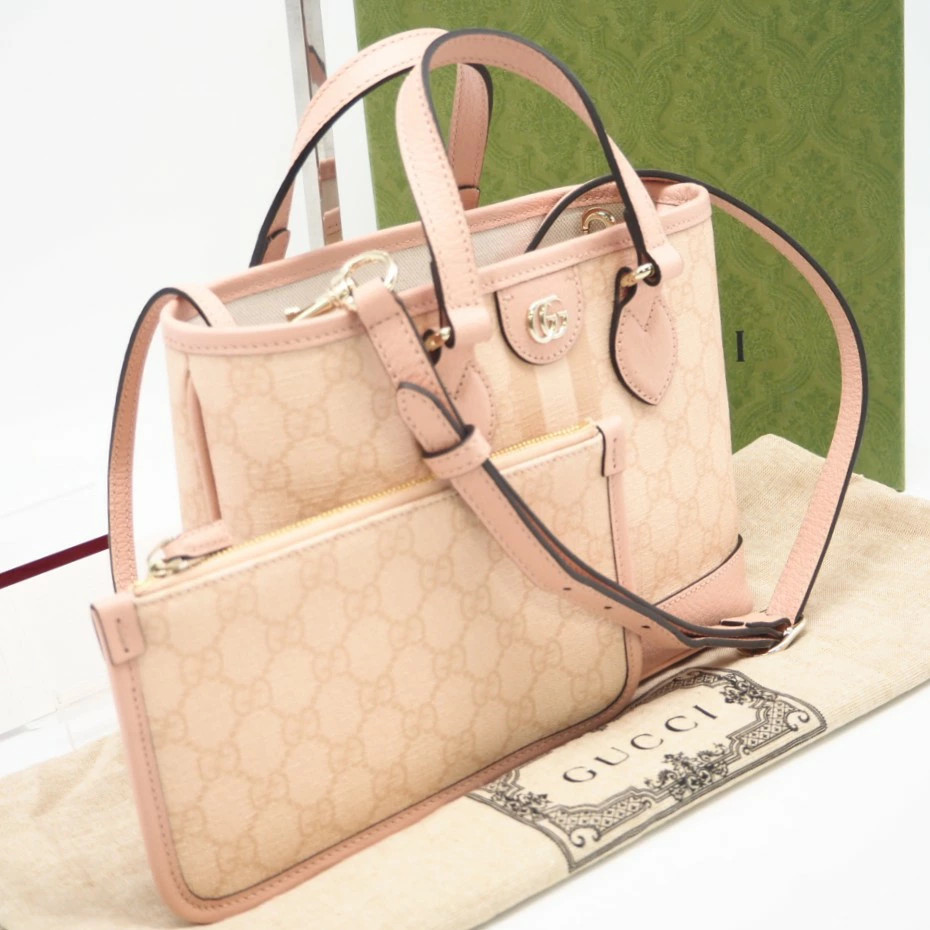 GUCCI GG Supreme Ophidia Small Tote Bag 2way Pink Beige
