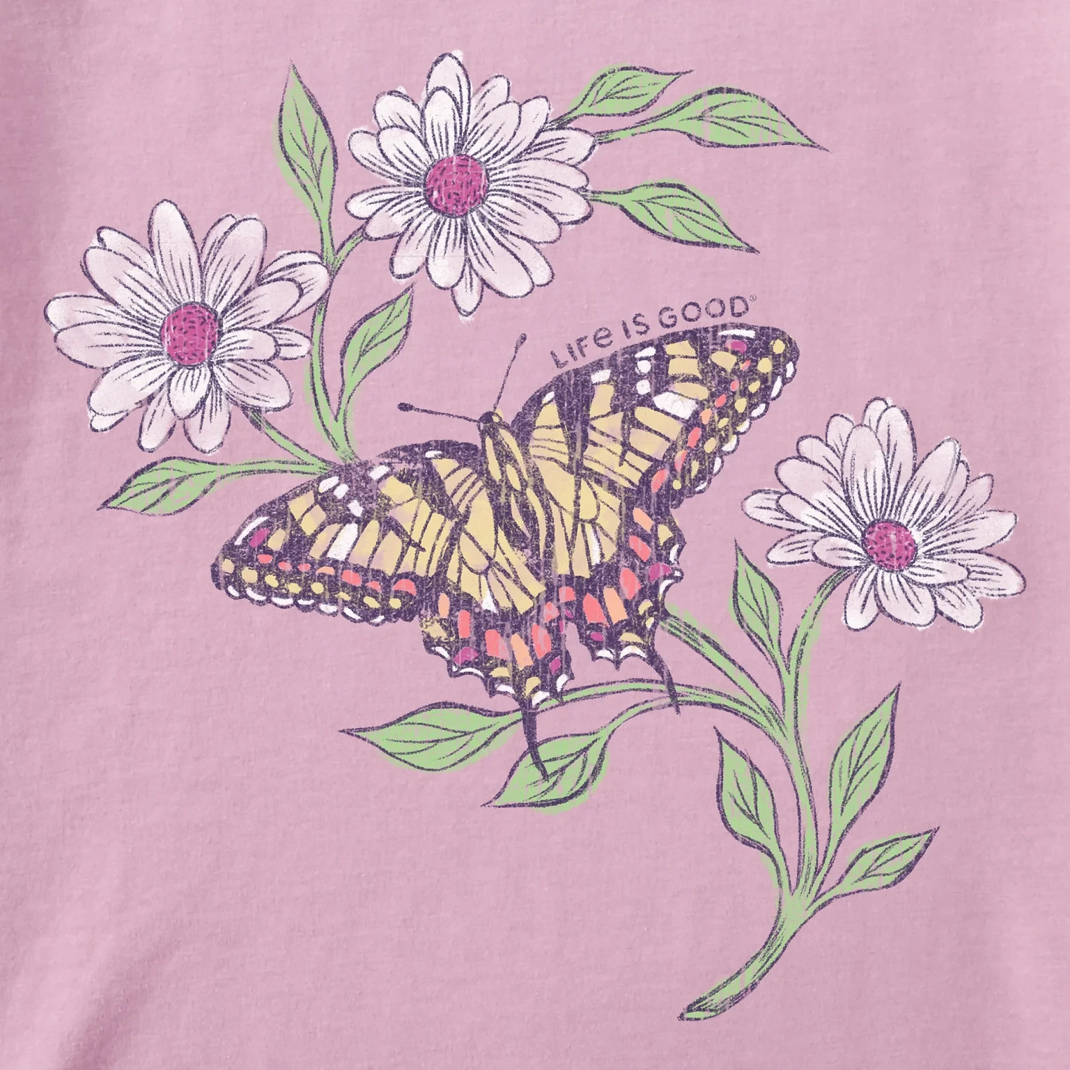 Life Is Good SS Shirt Crusher Tee TIGER BUTTERFLY DAISIES Flower 43in Womens L