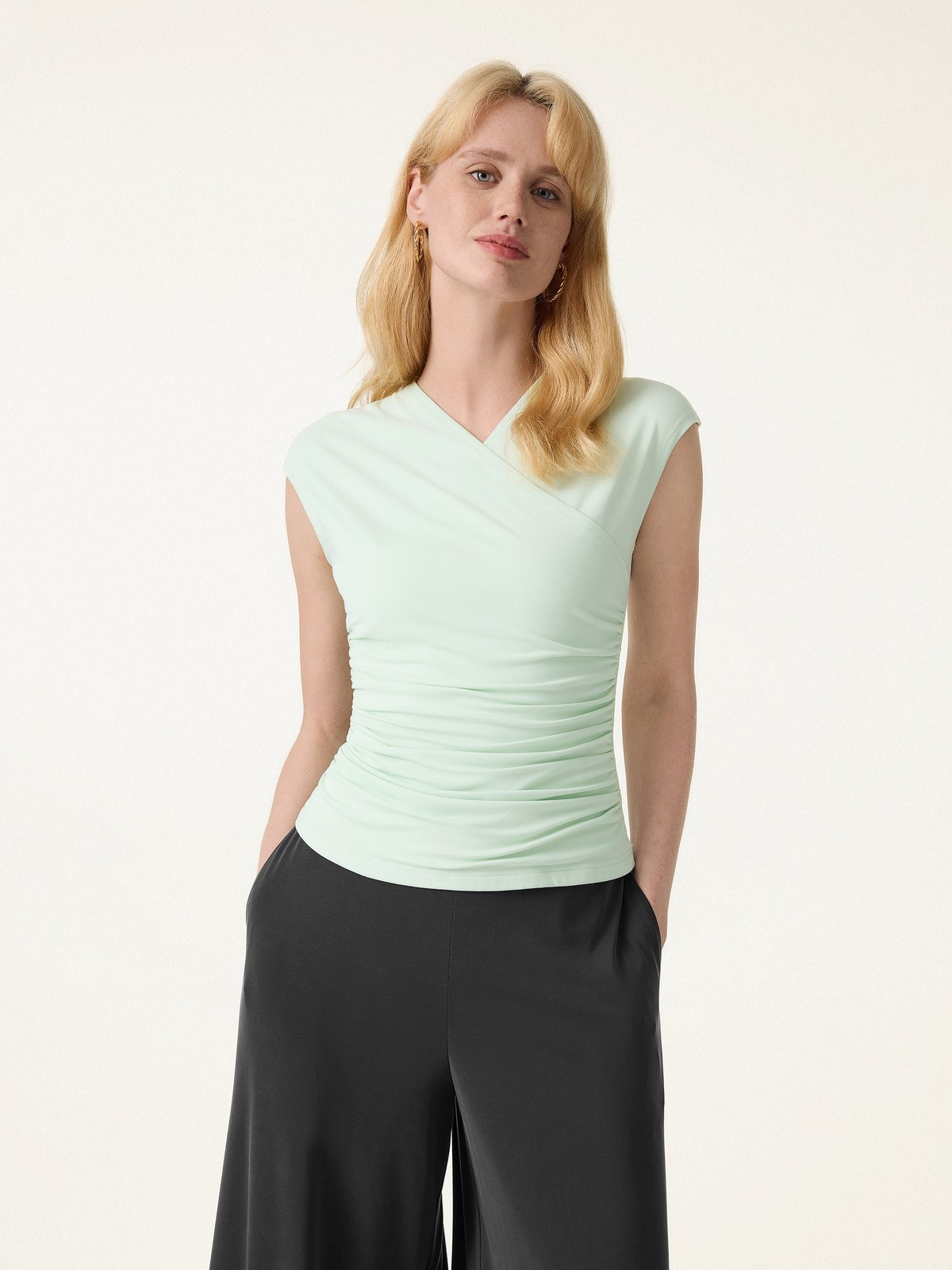 OGL SkinKiss Cooling Surplice Ruched Cap Sleeve Summer Top