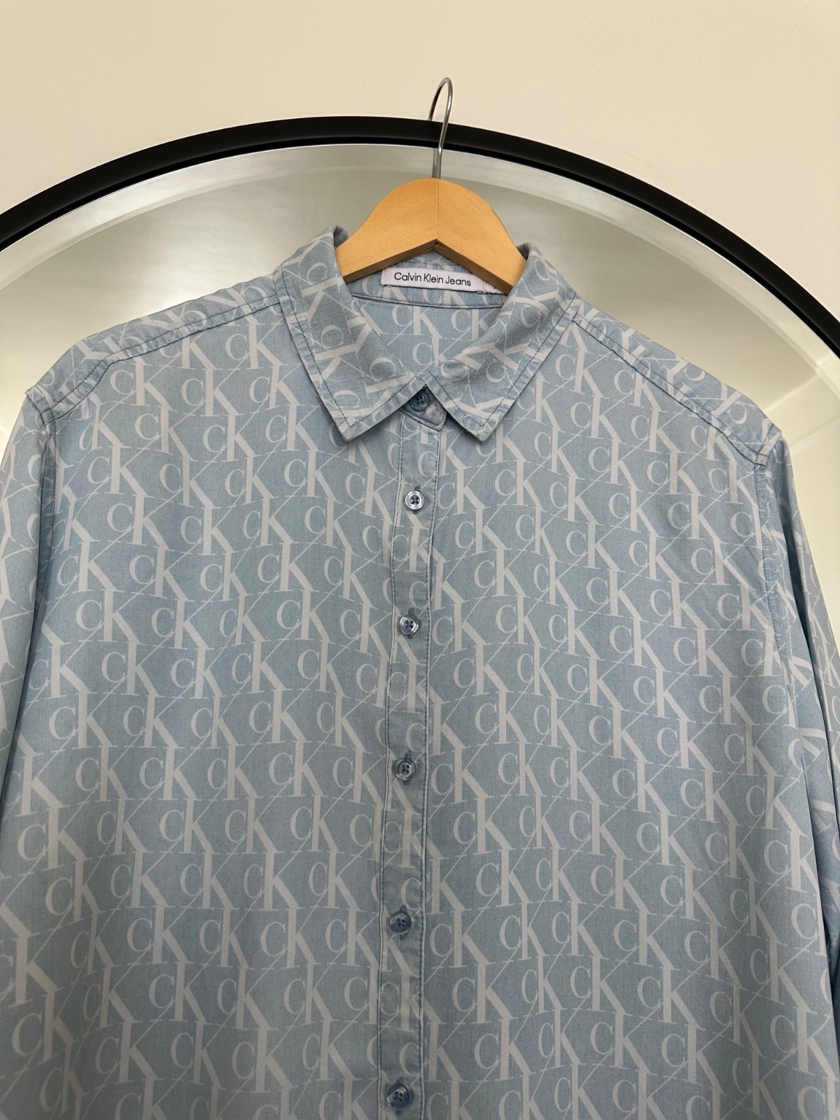 Calvin Klein Jeans cK Monogram Logo All Over Print Blue Lyocell Shirt Size M