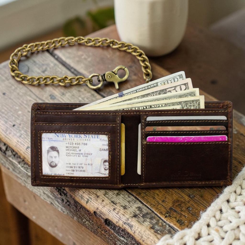 Men’s Genuine Hunter Leather Biker Long Chain Wallet with RFID Blocking Bifold
