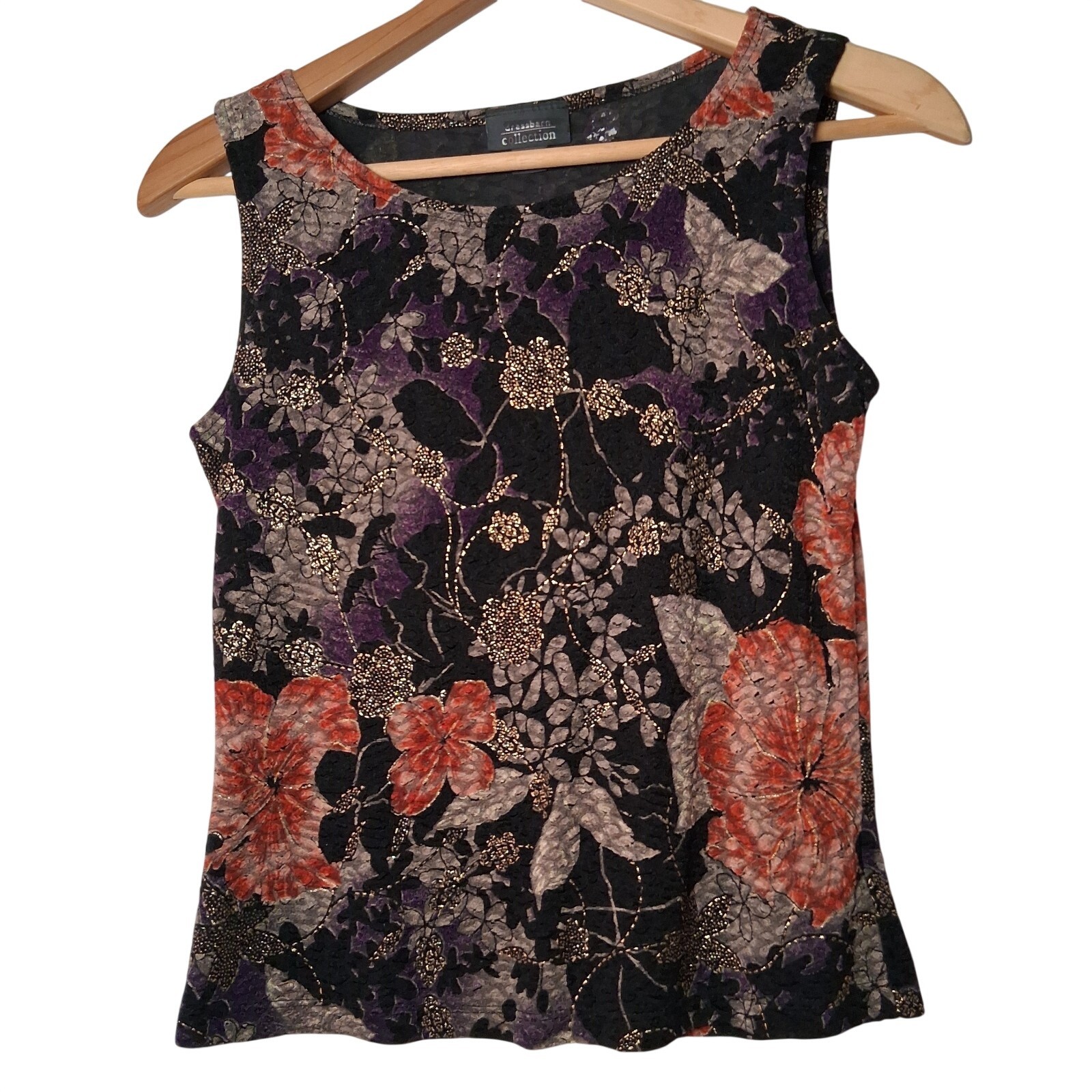 Vintgae Y2K Dressbarn Tank Top Small Black Floral Gold Metallic Stretch USA