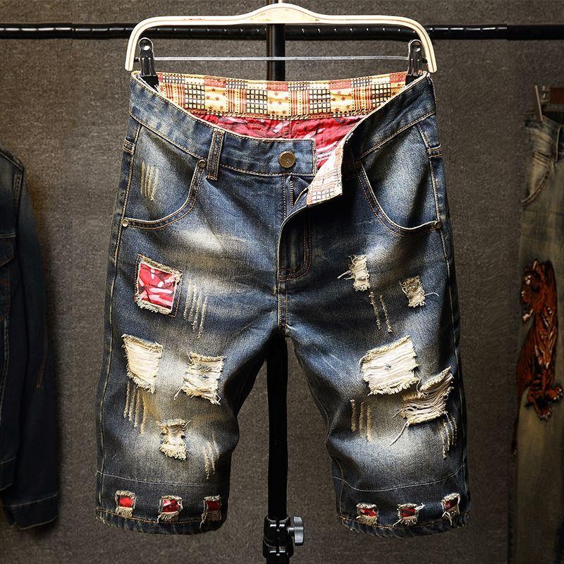 Men’s Vintage Ripped Denim Shorts Casual Loose Street Style Summer