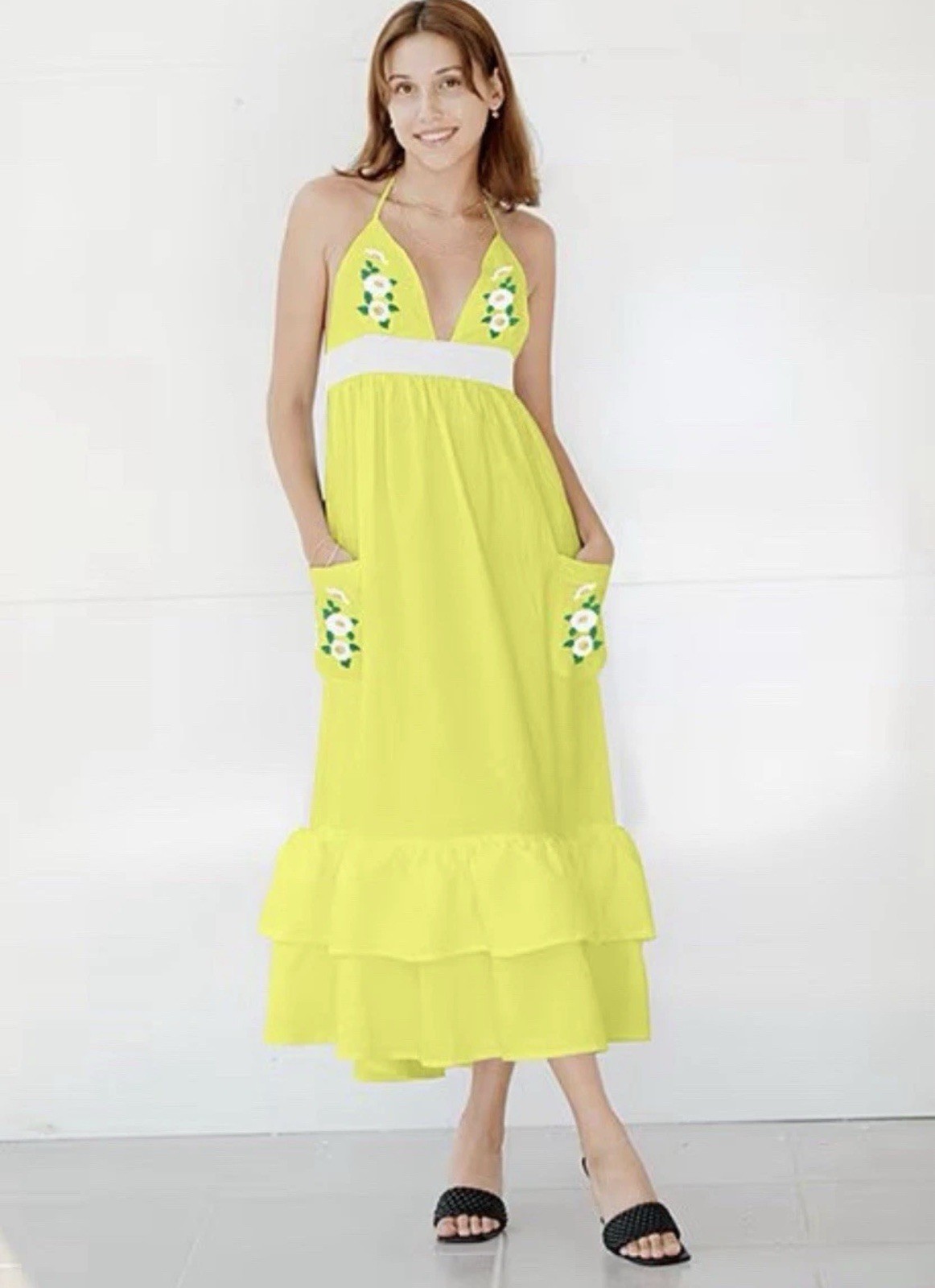 Fanm Mon Large Linen Yamile Floral Embroidered Halter Midi Dress Mustard Lime