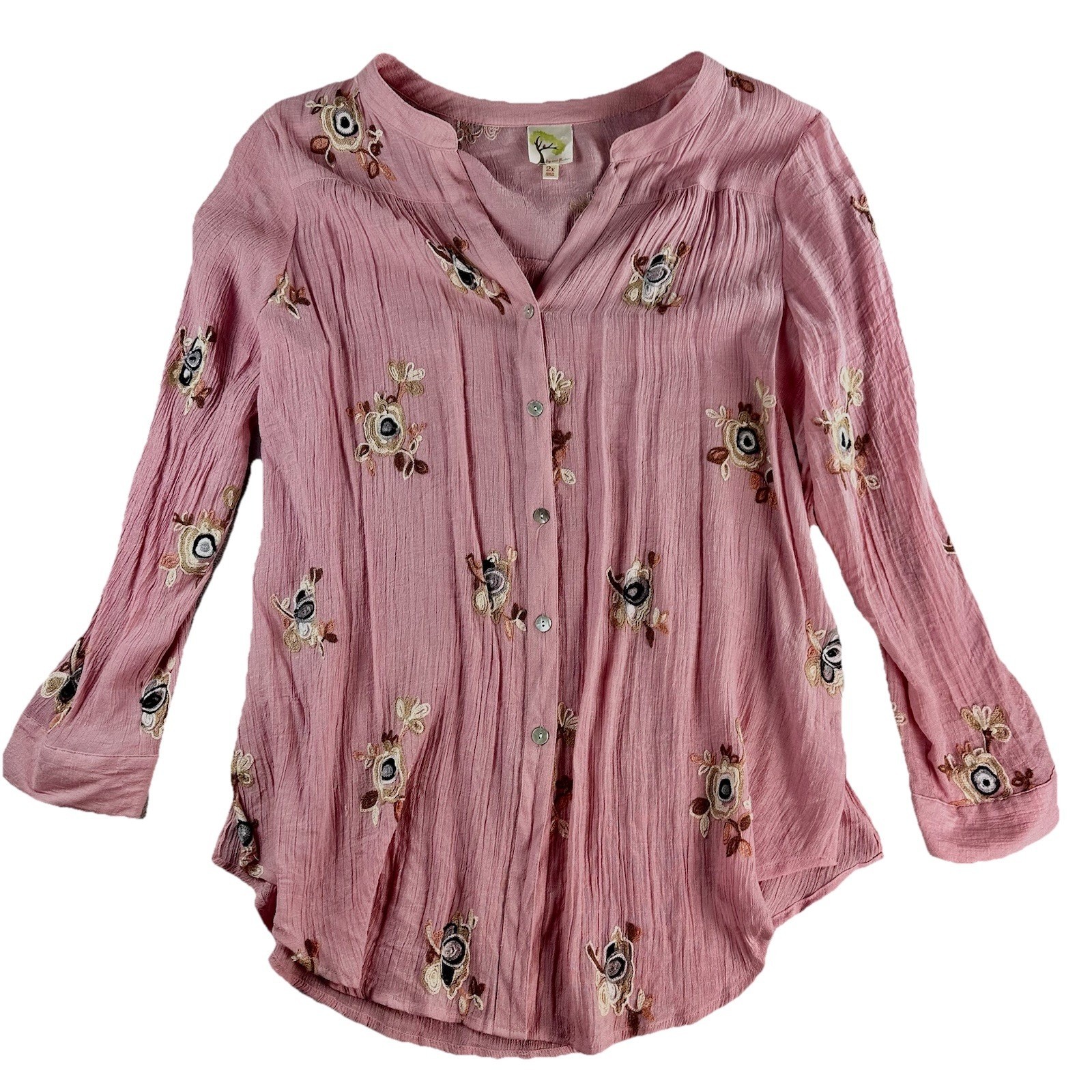 Fig And Flower Women’s 2X Blouse Pink Embroidered Boho Button Up Top Floral