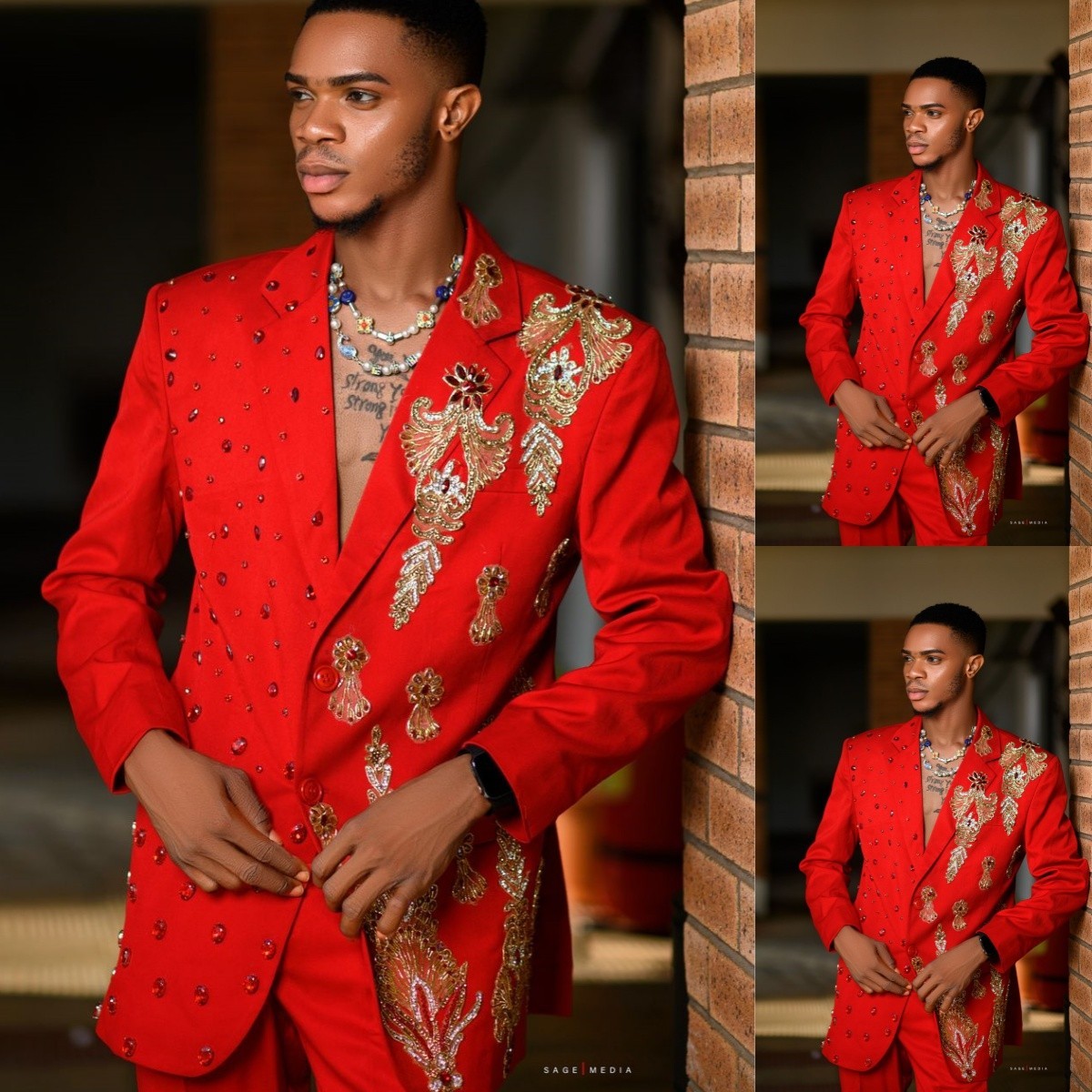 Luxury Prom Dinner Men’s Suits Beading Appliques Jacket Red 2Pcs Reglar Fit Coat