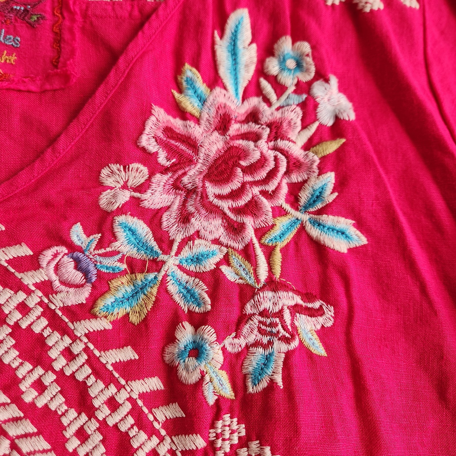Johnny Was Floral Embroidered Blouse Tunic Top XL Hot Pink Bohemian Fiesta Indie