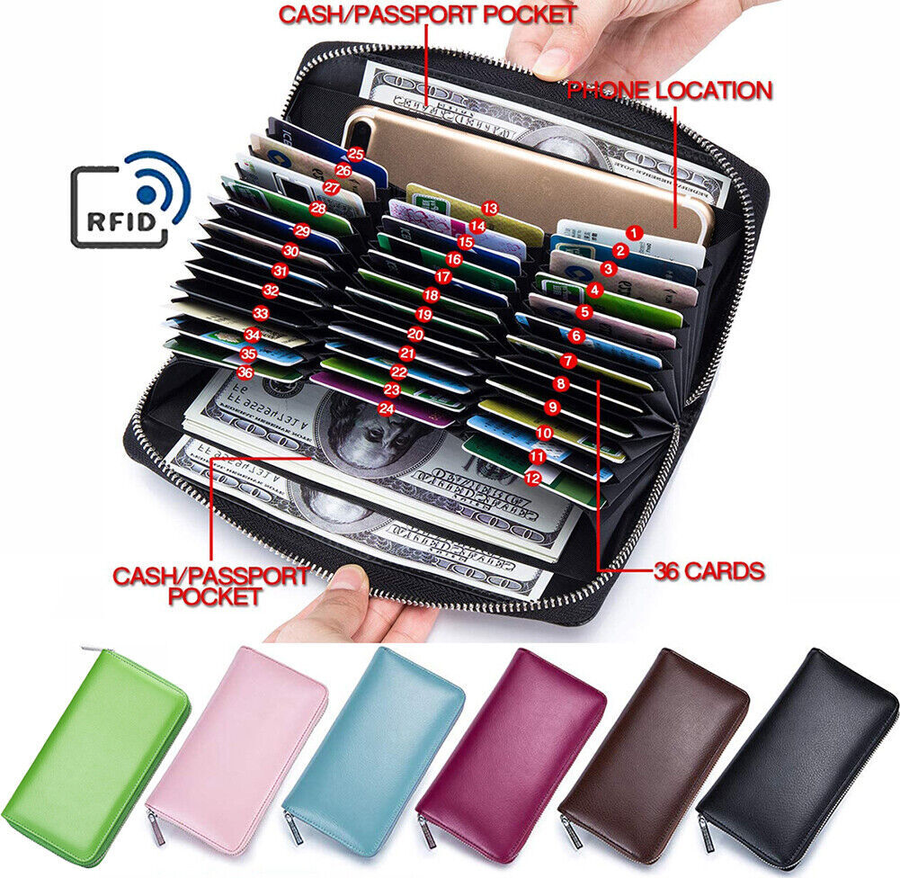 Men Women Leather RFID Blocking Multi Card Holder Wallet with Cell Phone Pocket