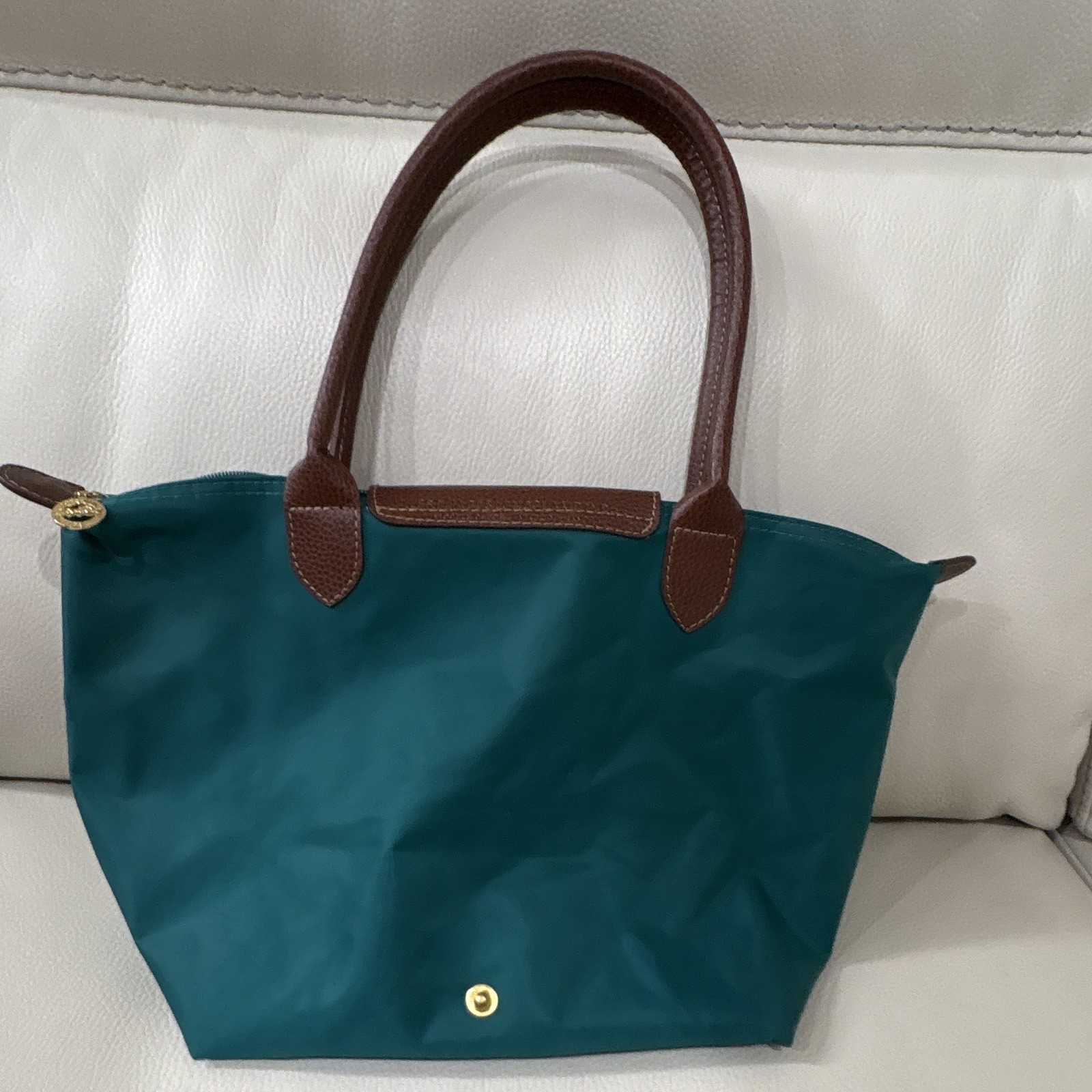 Longchamp Teal Solid Tote Bag Zip Snap, Pockets, Brown Top Handle, Gold