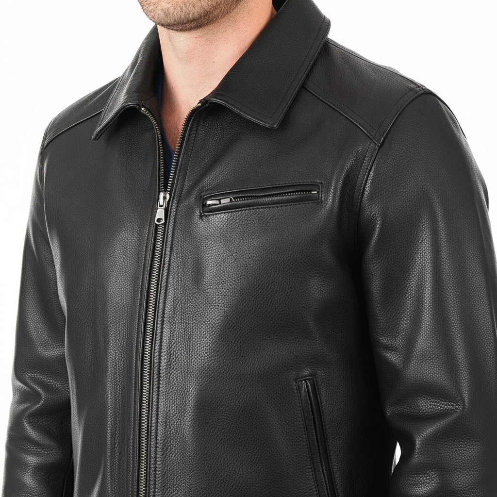 Men’s Black Genuine Pebbled Leather Jacket Biker Moto Casual Zip Up Coat
