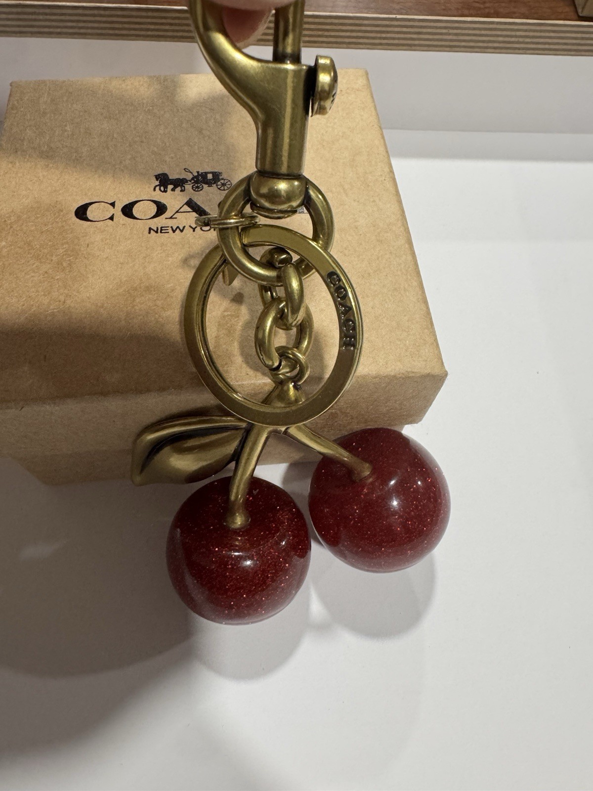 Coach Detachable Cherry Key Chain Red/Gold Metal Resin Logo Glitter for Women