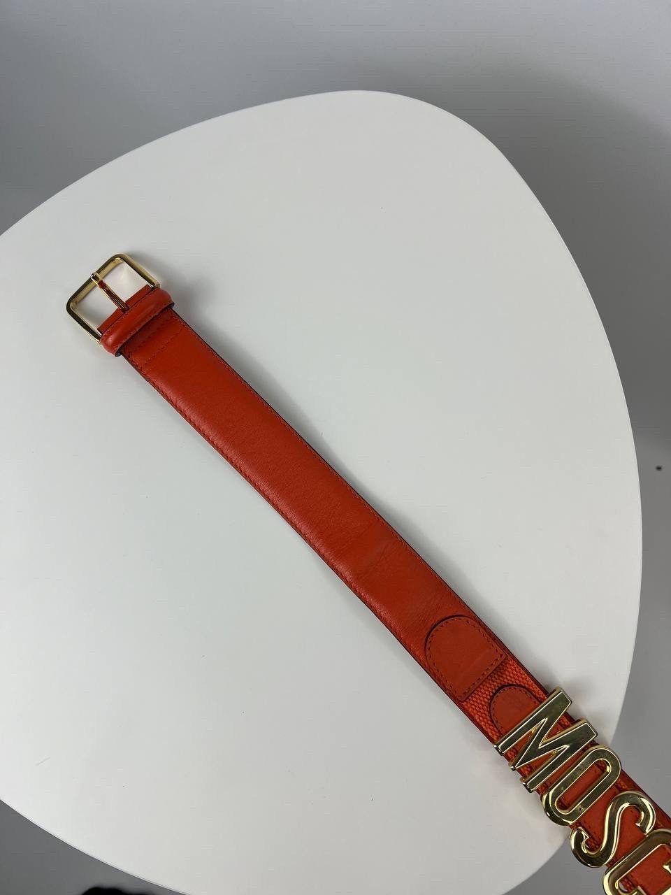 Vintage MOSCHINO Redwall Orange Leather Belt Gold Letter Logo Size 42 Italy Rare