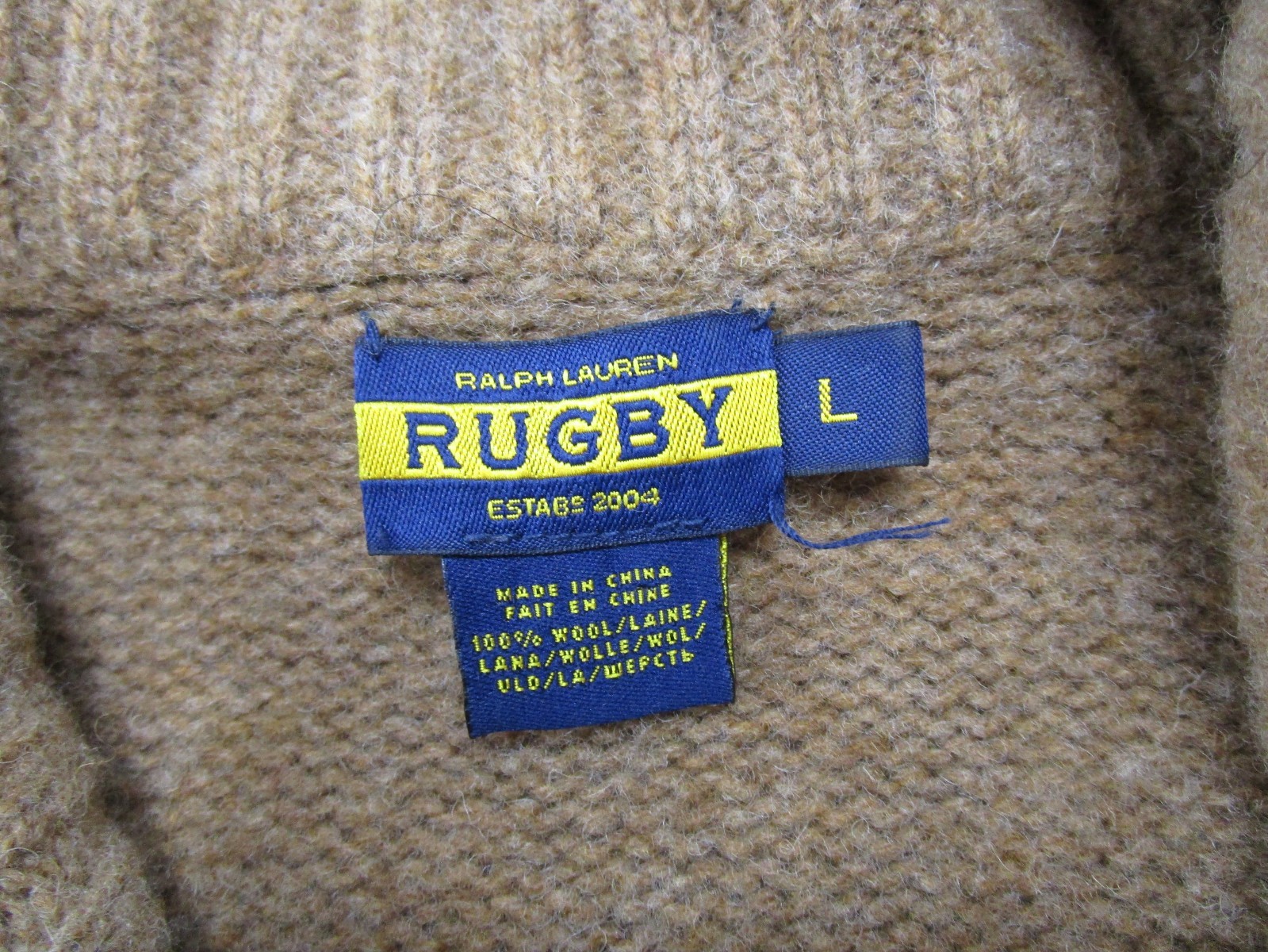 Rugby Ralph Lauren Beige Wool Shawl Collar Sweater Elbow Patches Mens L READ