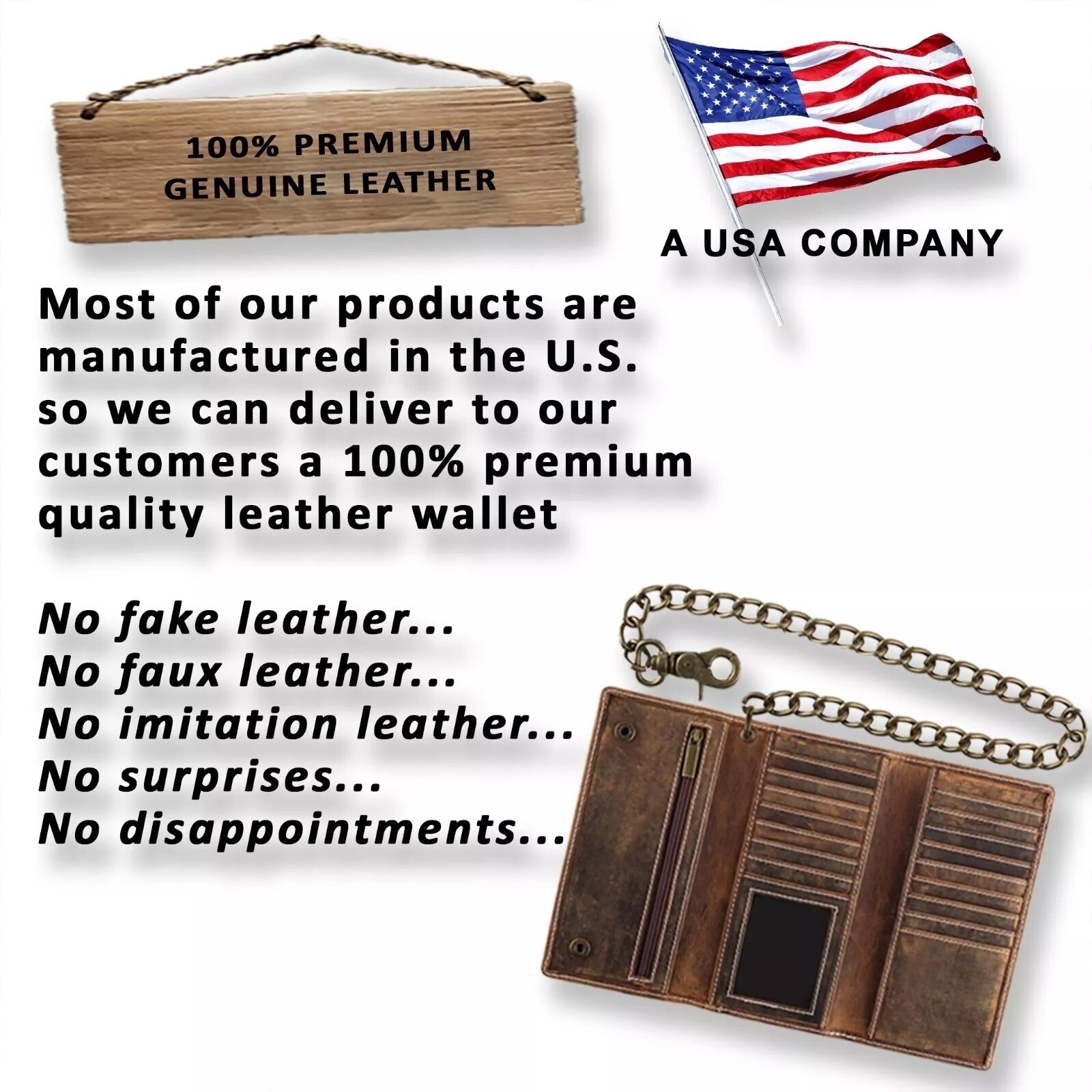 100% premium leather Trifold Cowhide RFID Chain Motorcycle Biker Wallet,