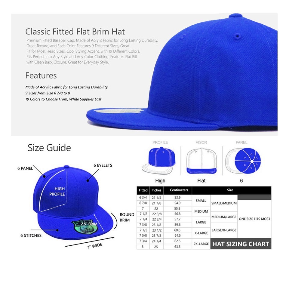 Premium Solid Fitted Baseball Cap Hat Trucker Blank Plain Flat Bill 9 Sizes