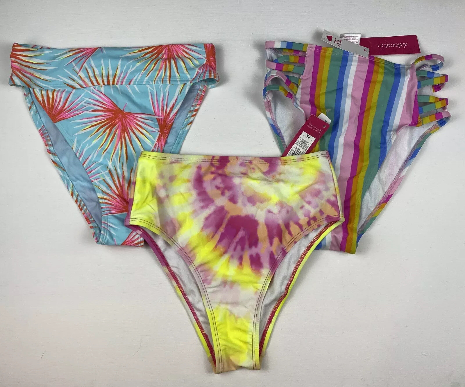 3 Pair Women’s Xhilaration Colorful Bikini Bottoms Size XS High Waist High Leg