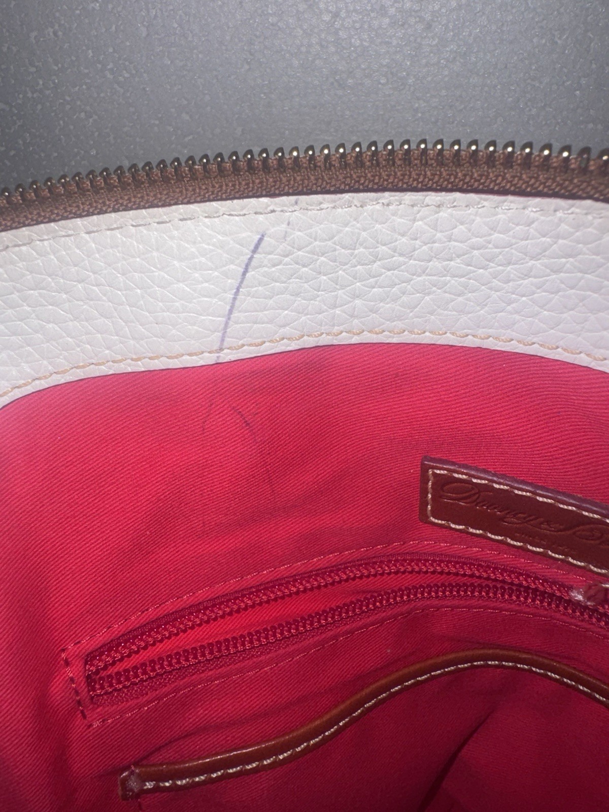 Dooney & Bourke White/Brown Leather Top Handle Zip Bag Red interior