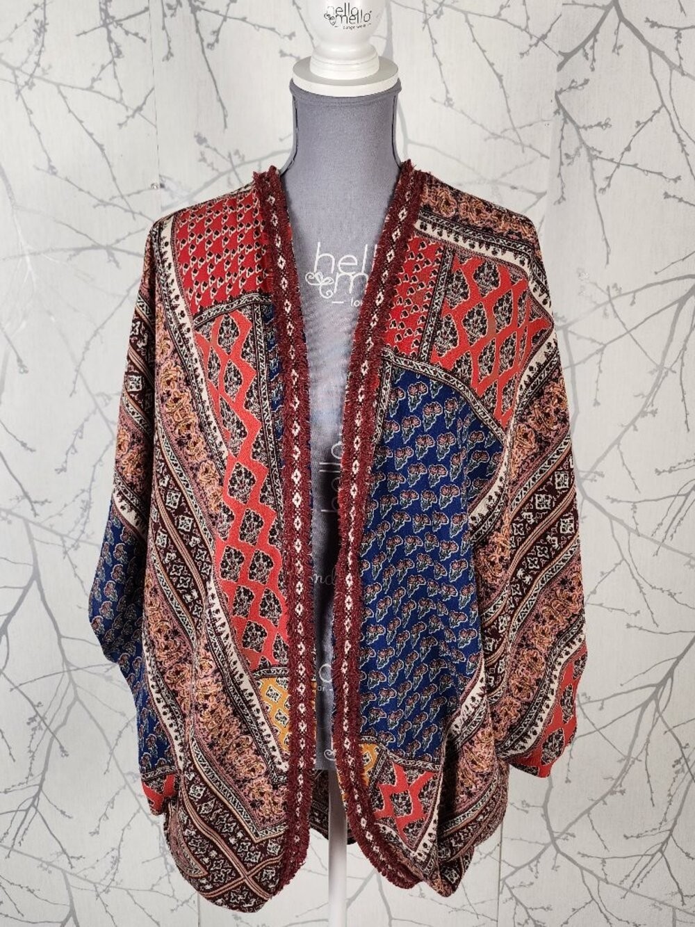 Umgee Colorful Patchwork Open Front Batwing Cardigan | Women’s L